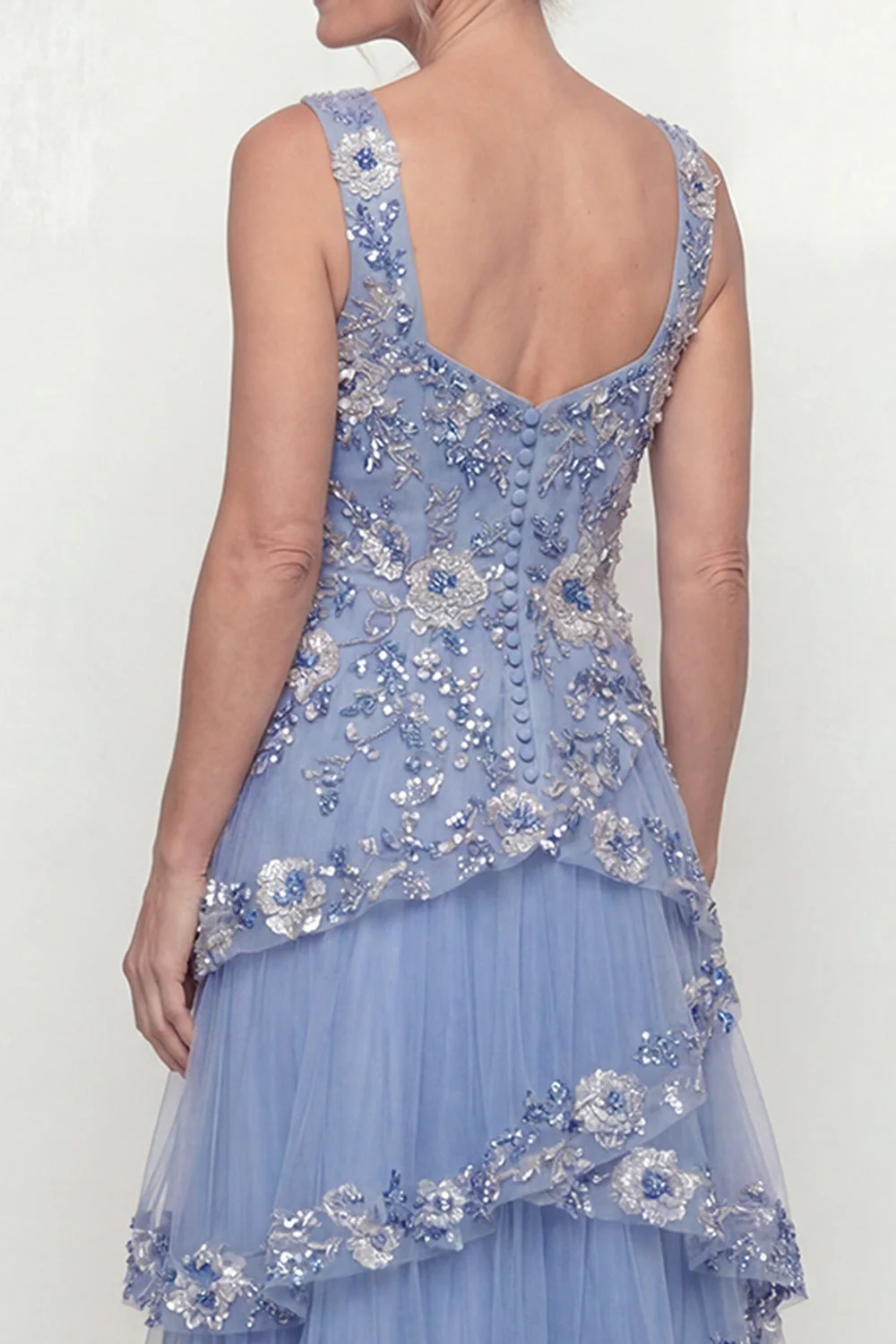 Ligne A à volants bleu poussiéreux Sequins Longue robe de mère de la mariée avec poches - Image 5