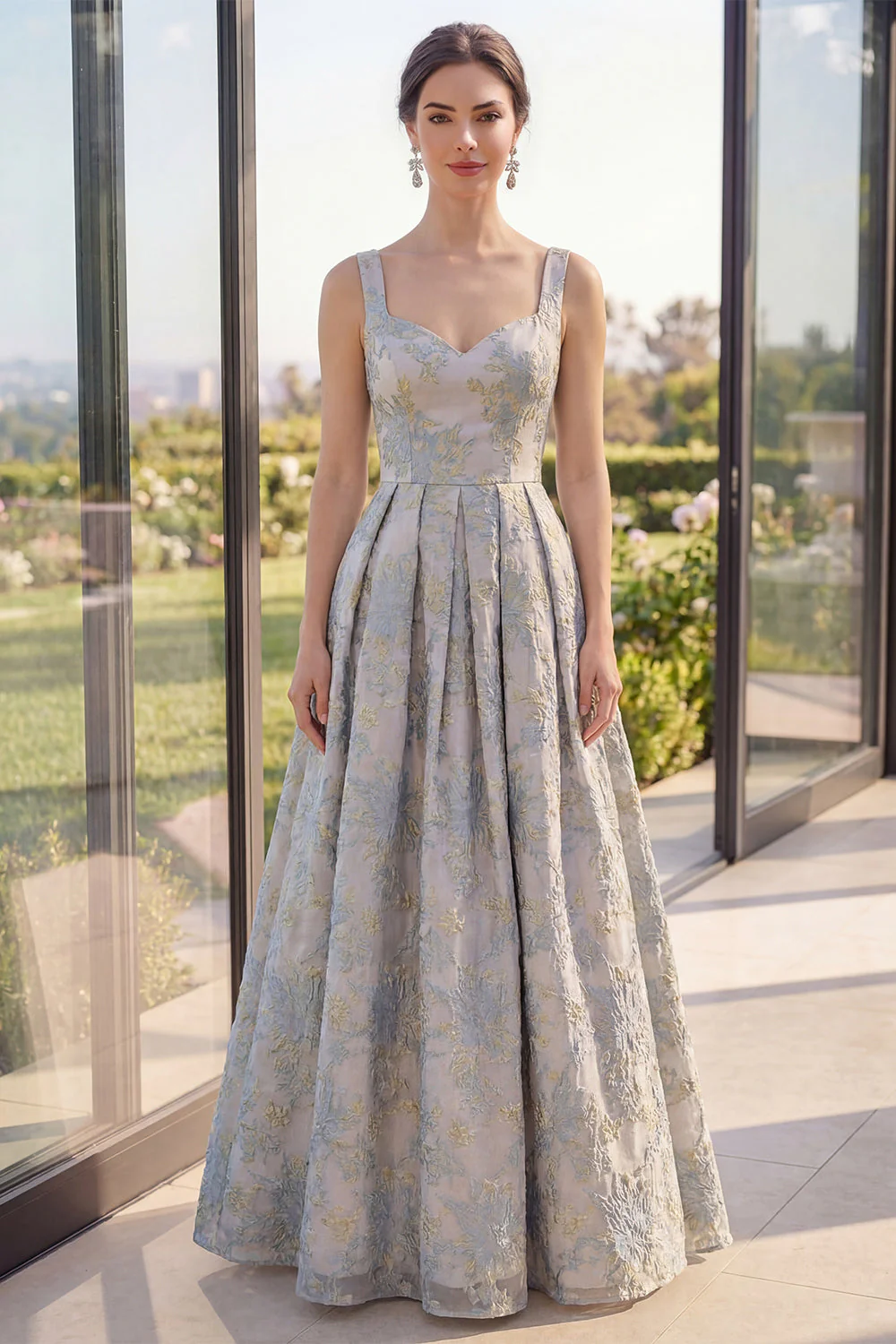 Ligne A : robe Maxi Jacquard à longues bretelles florales bleu poussiéreux