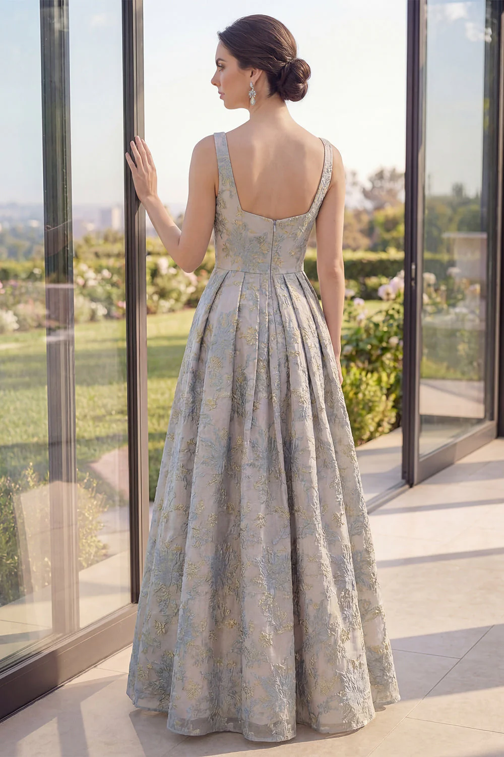 Ligne A : robe Maxi Jacquard à longues bretelles florales bleu poussiéreux - Image 2