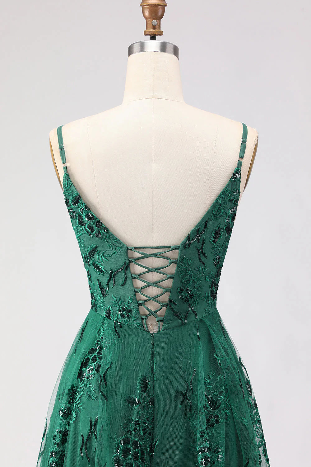 Ligne A vert foncé Sequins Dentelle brodée dans le dos Robe de bal longue avec fente - Image 5