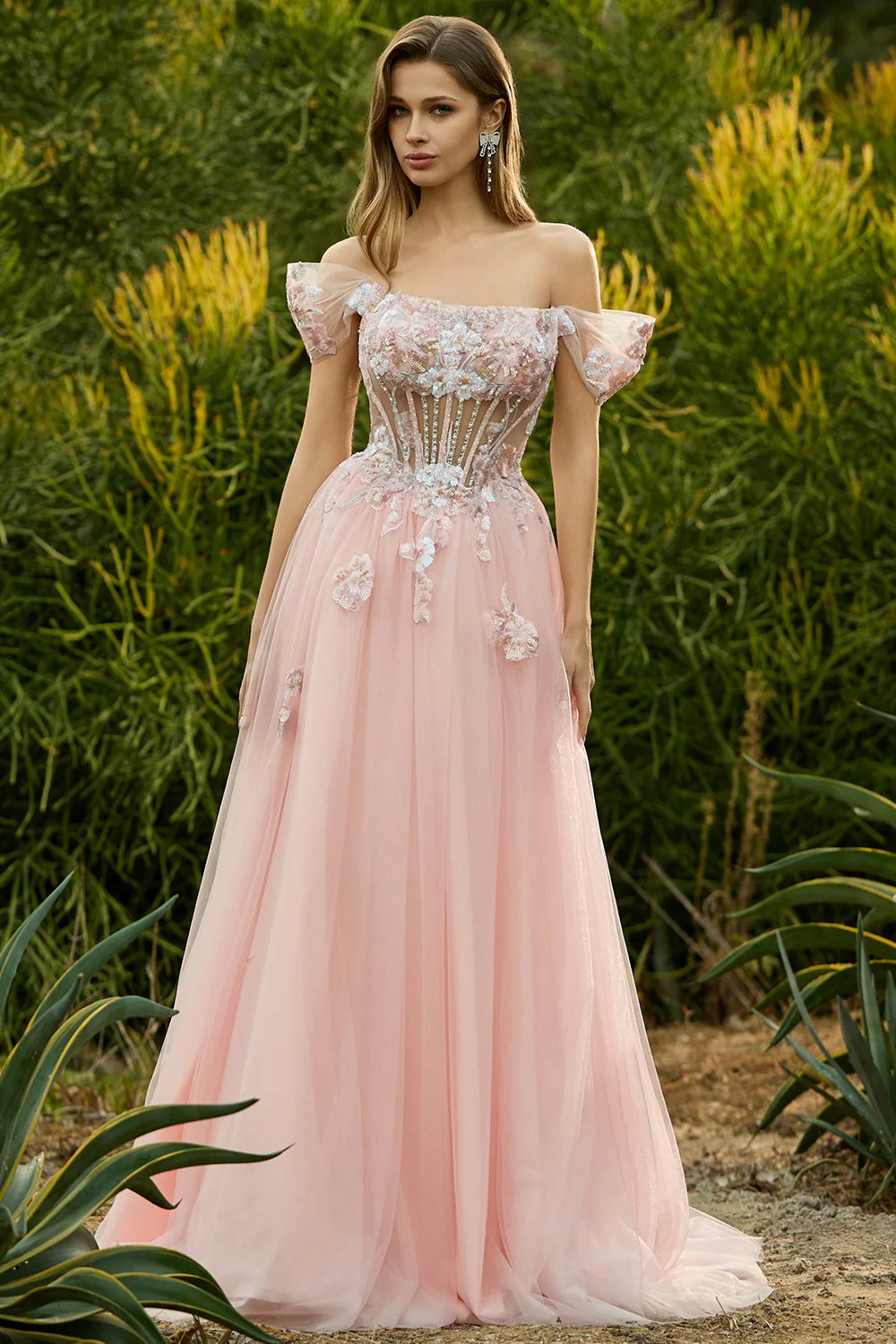 Ligne rose A perlée sur l’épaule, corset transparent et longue robe de bal avec paillettes - Image 3