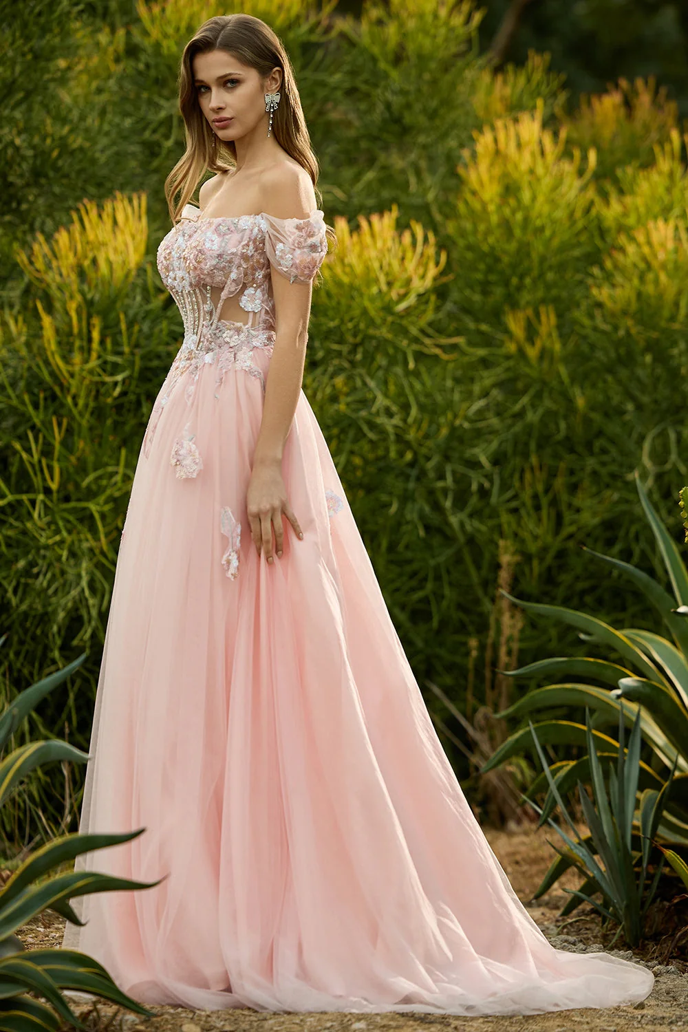 Ligne rose A perlée sur l’épaule, corset transparent et longue robe de bal avec paillettes - Image 5