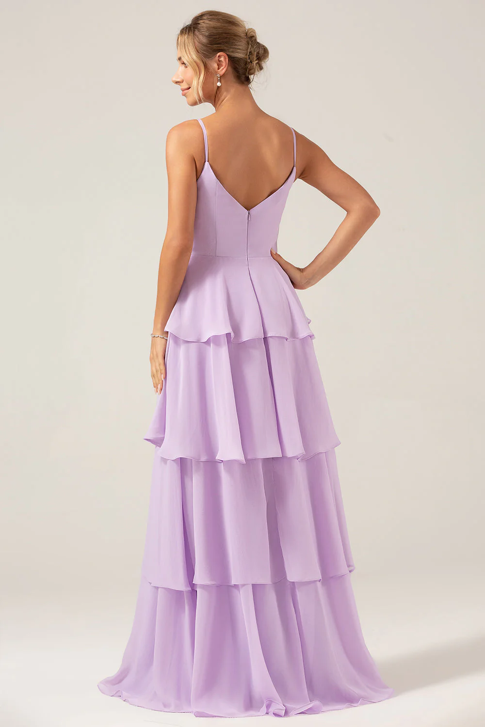 Lilas A Line Spaghetti Bretelles Robe de demoiselle d’honneur en mousseline de soie à plusieurs niveaux avec fente - Image 2