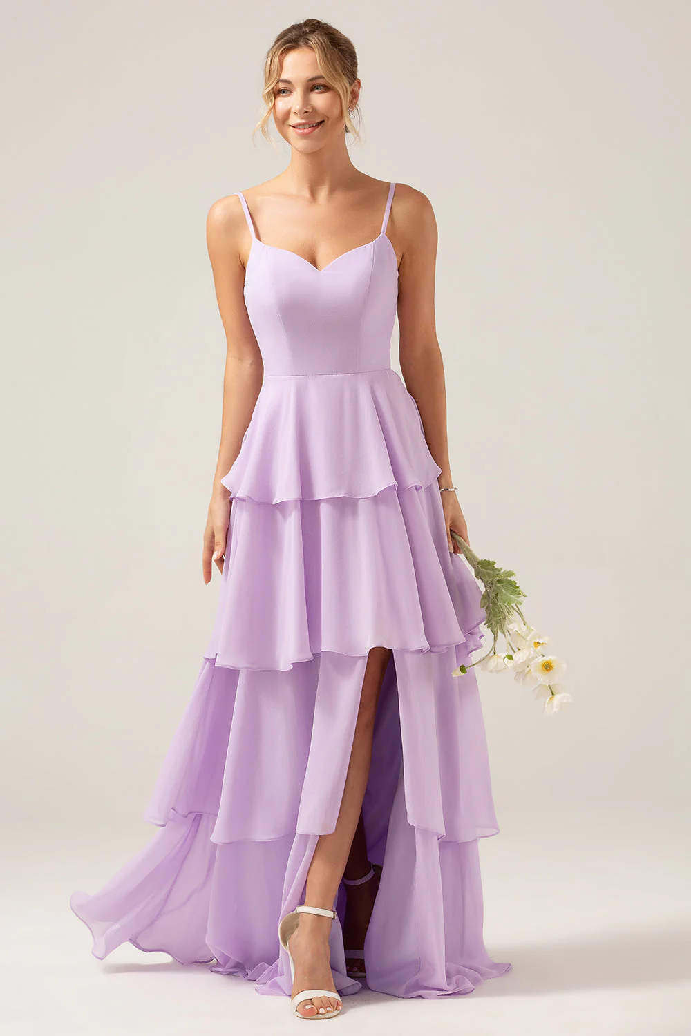 Lilas A Line Spaghetti Bretelles Robe de demoiselle d’honneur en mousseline de soie à plusieurs niveaux avec fente - Image 5