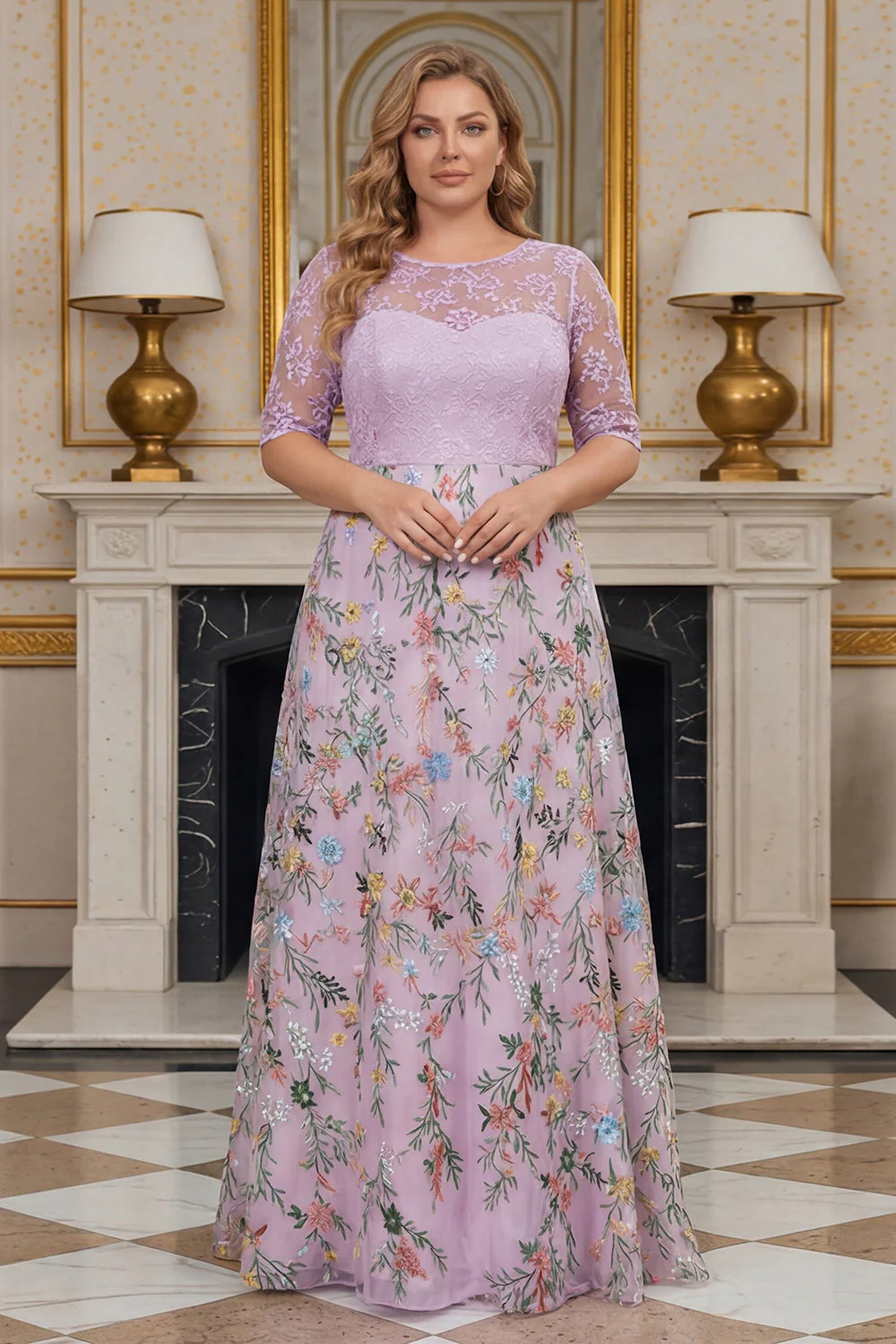 Lilas Fleural Une robe de mère de la mariée brodée grande taille avec demi-manches