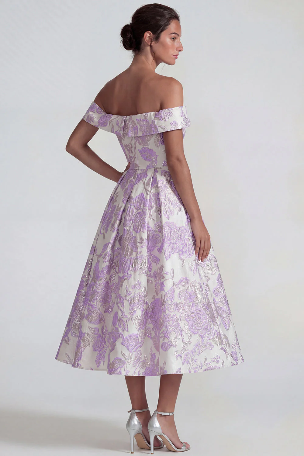 Lilas Jacquard Épaule décollée Robe Midi A Line - Image 2