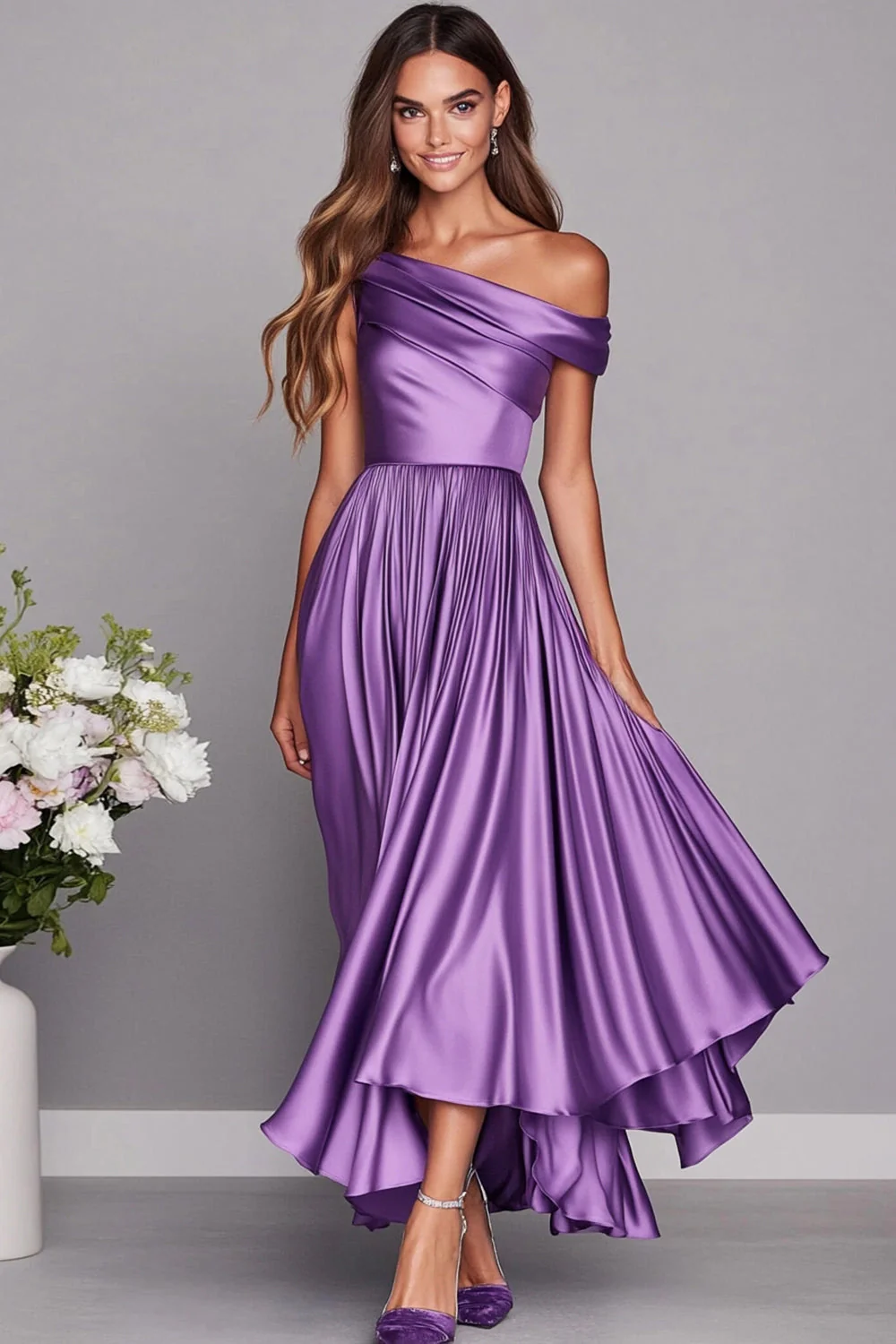 Lilas une épaule une ligne Robe d’invité de mariage en satin