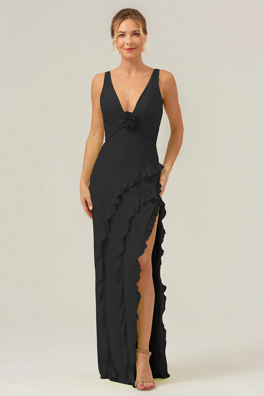 Lime Sheath Deep V Neck Dos Nu Robe de demoiselle d’honneur longue avec fente à volants - Image 8