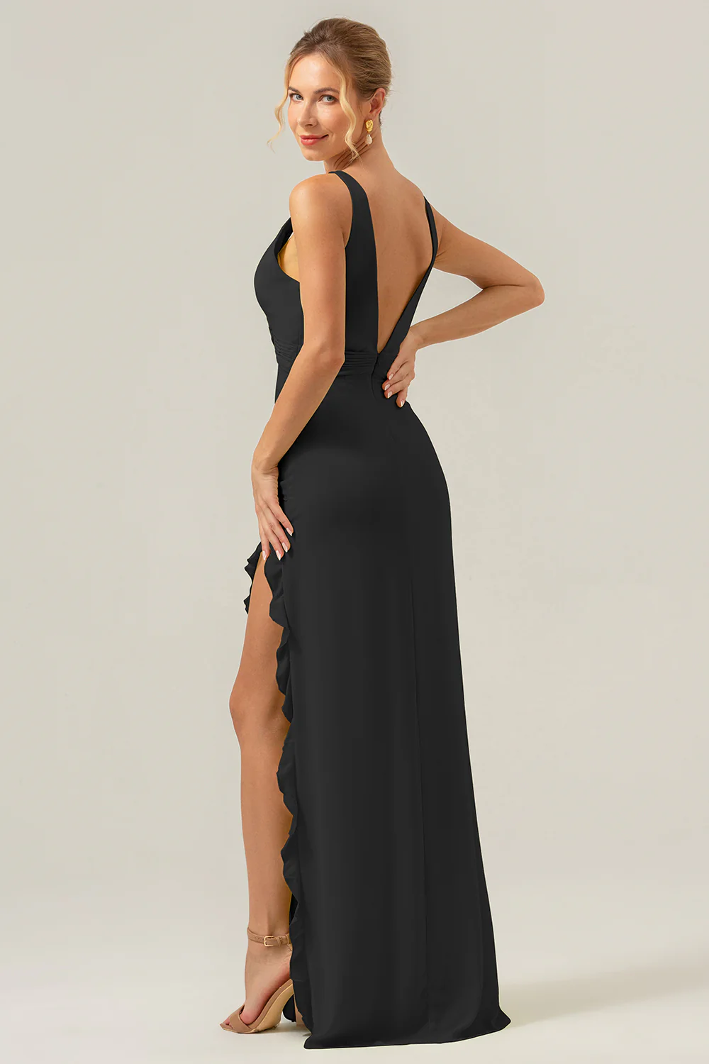 Lime Sheath Deep V Neck Dos Nu Robe de demoiselle d’honneur longue avec fente à volants - Image 9