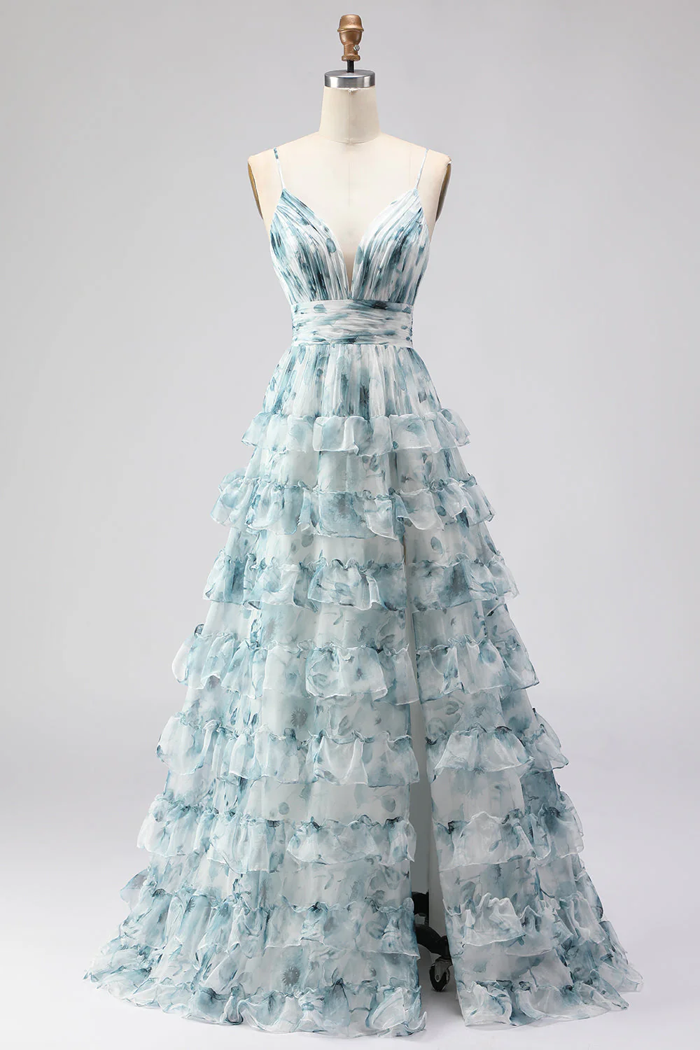 Longue robe de bal à motifs de bal, longue robe de bal à motifs à volants en rangées bleue avec fente