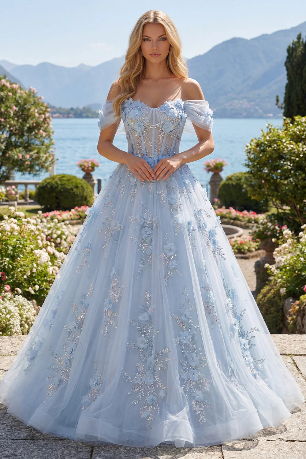Longue robe de bal bleue en ligne décollée sur les épaules, perlée de perles et fleurs 3D appliquées - Image 3