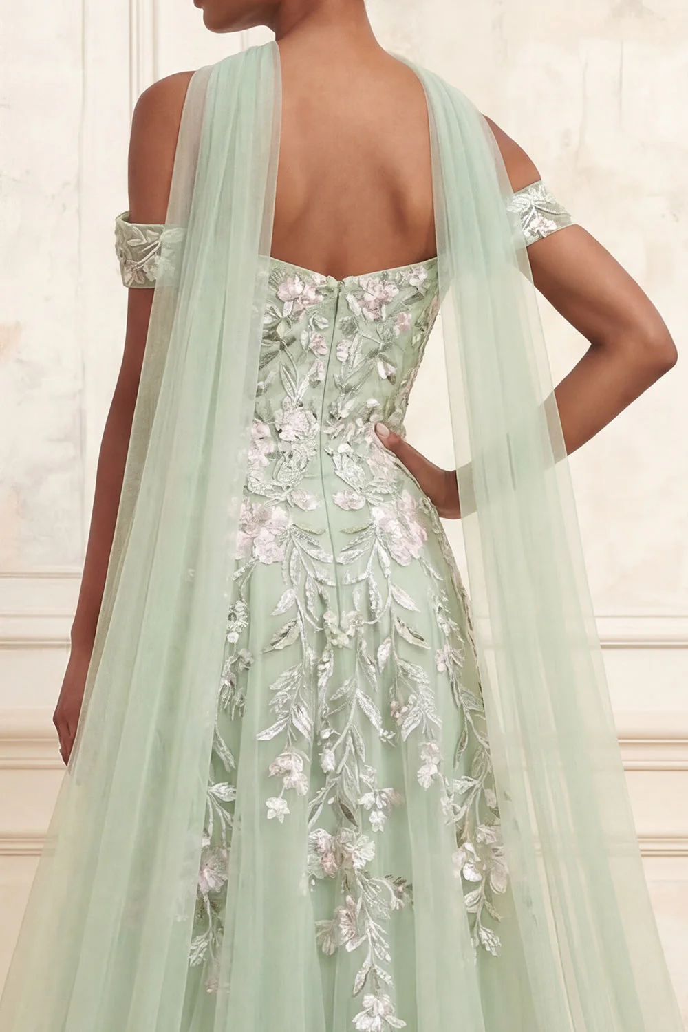 Longue robe de bal brodée en sauge aux épaules dénudées, paillettes poussiéreuses - Image 4