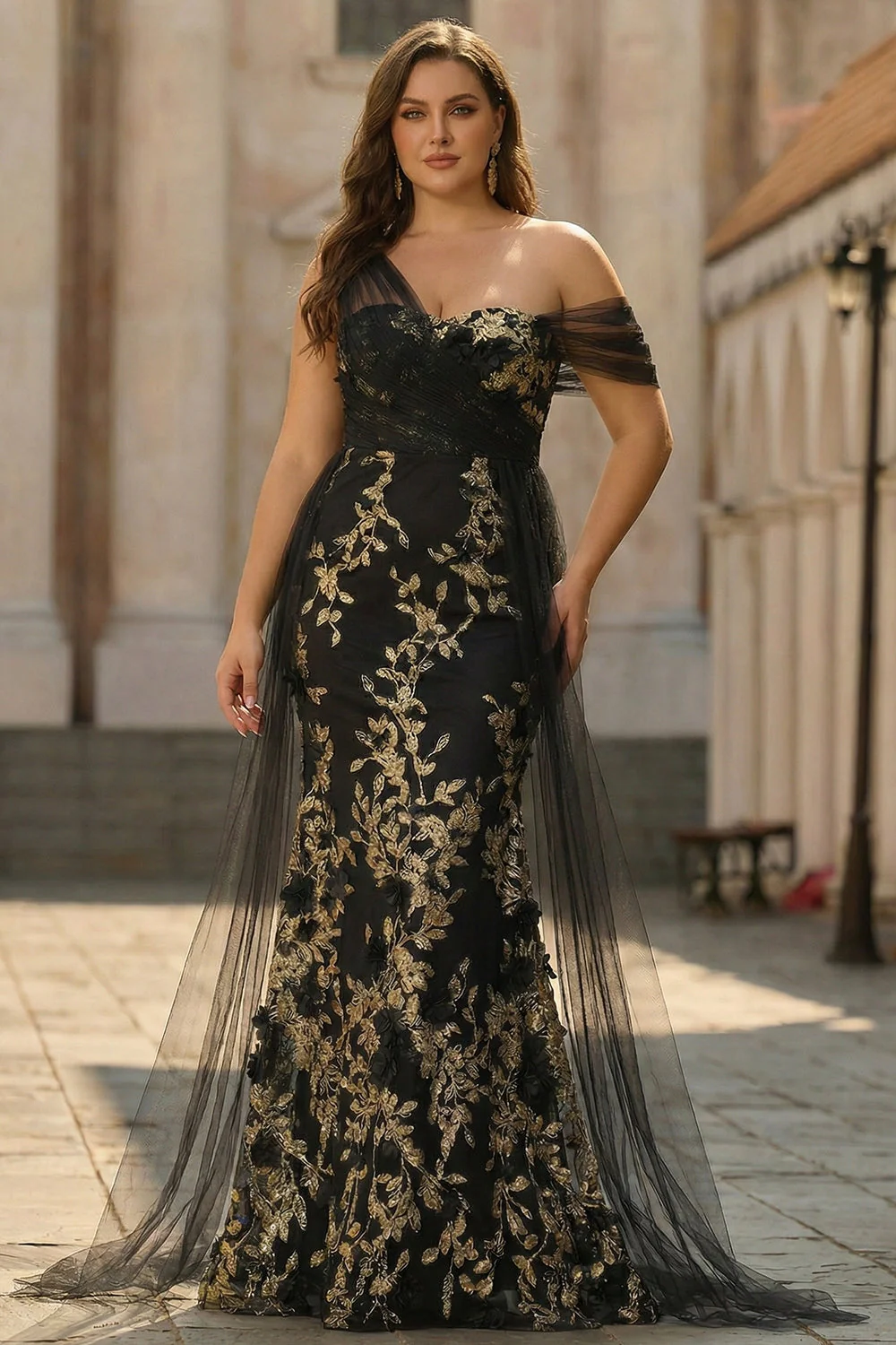 Longue robe de bal de bal 3D en fleur d’une épaule dorée noire