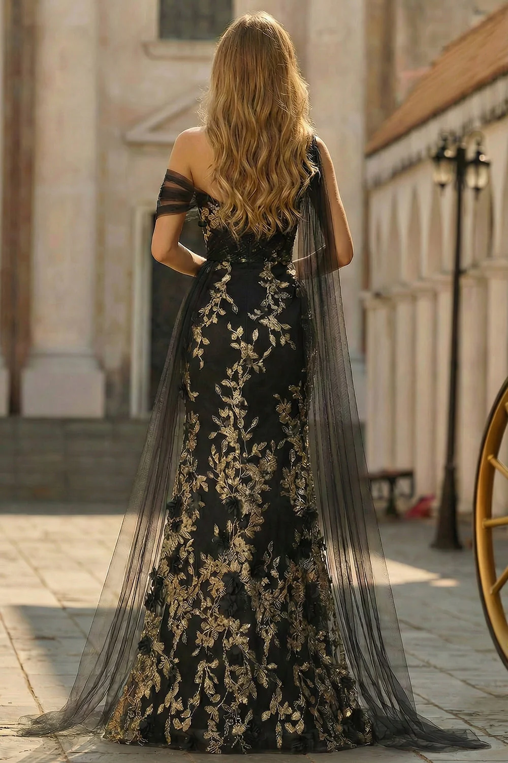 Longue robe de bal de bal 3D en fleur d’une épaule dorée noire - Image 3