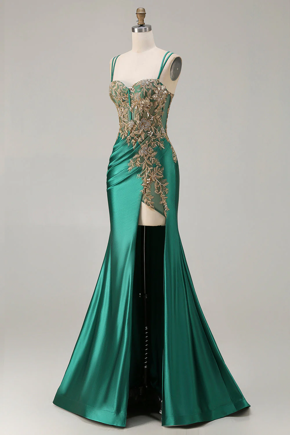 Longue robe de bal de bal à perles de sirène vert foncé perlée dans le dos, sequins - Image 3