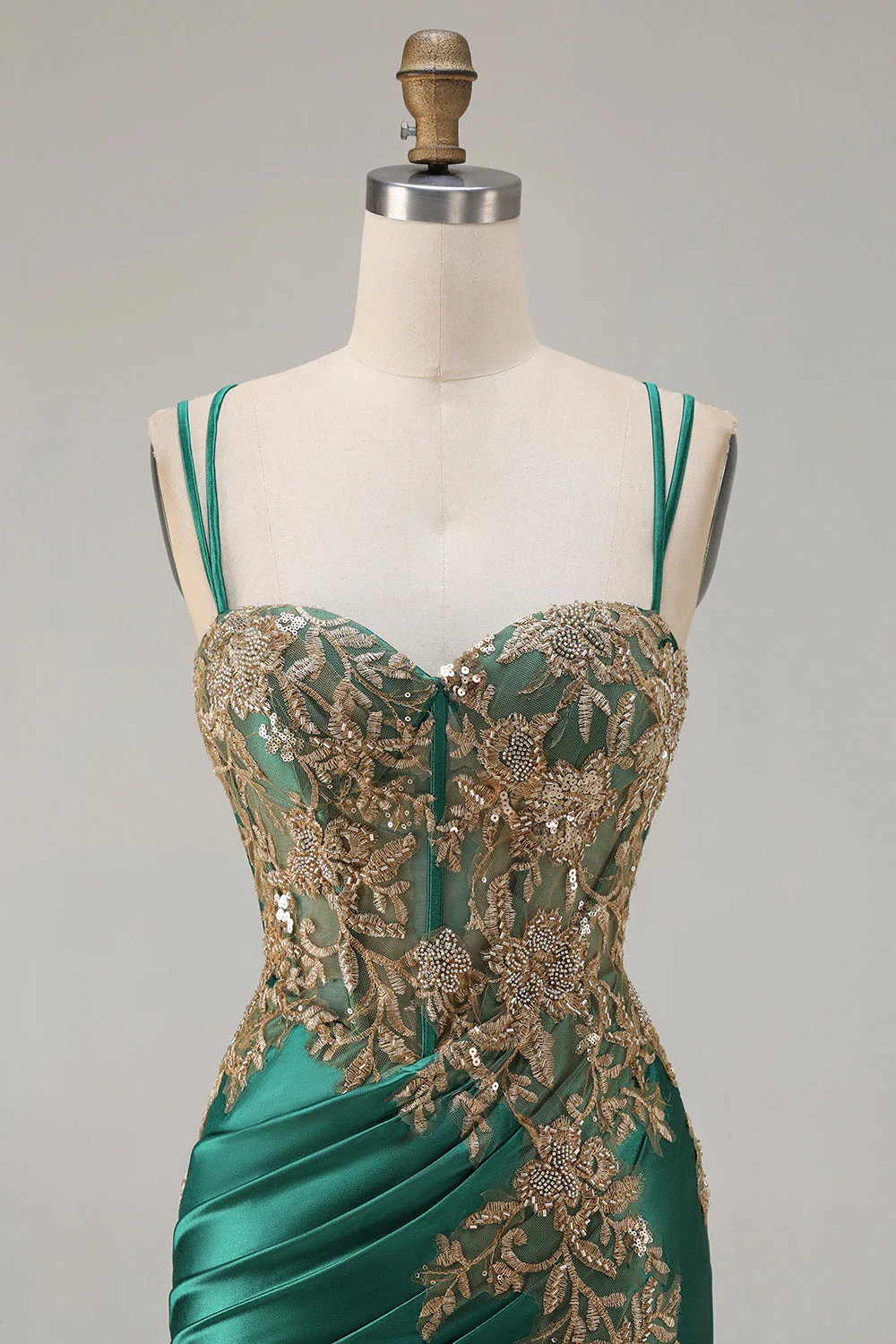 Longue robe de bal de bal à perles de sirène vert foncé perlée dans le dos, sequins - Image 4