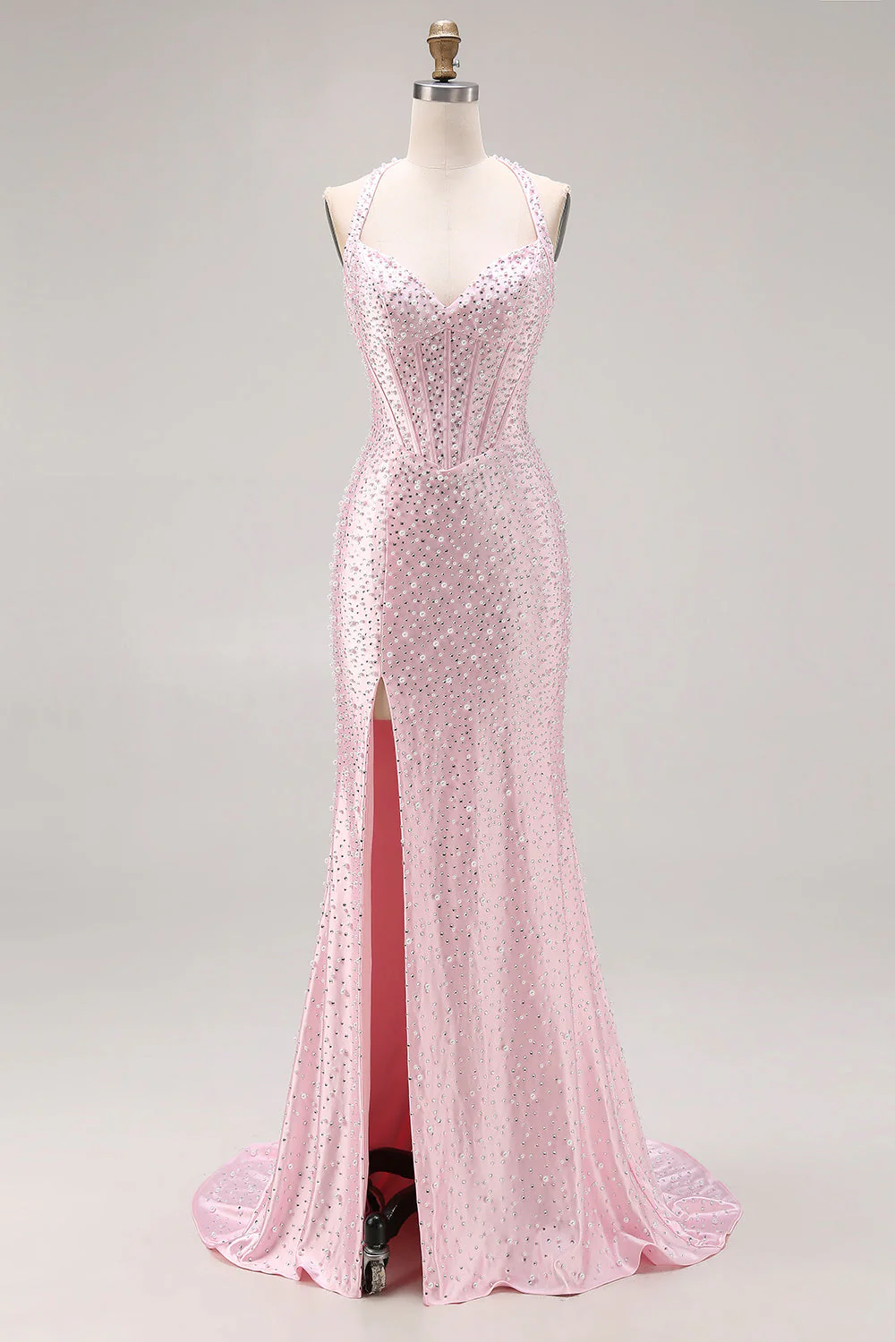 Longue robe de bal de bal avec perles en perles de sirène rose clair