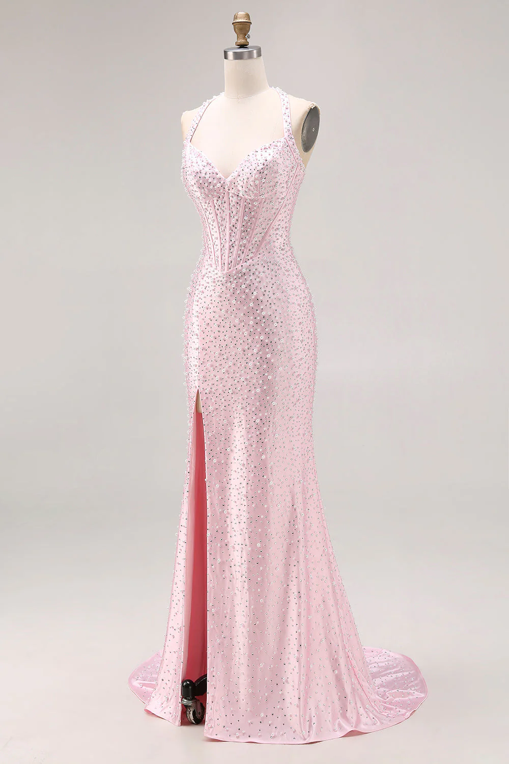 Longue robe de bal de bal avec perles en perles de sirène rose clair - Image 3
