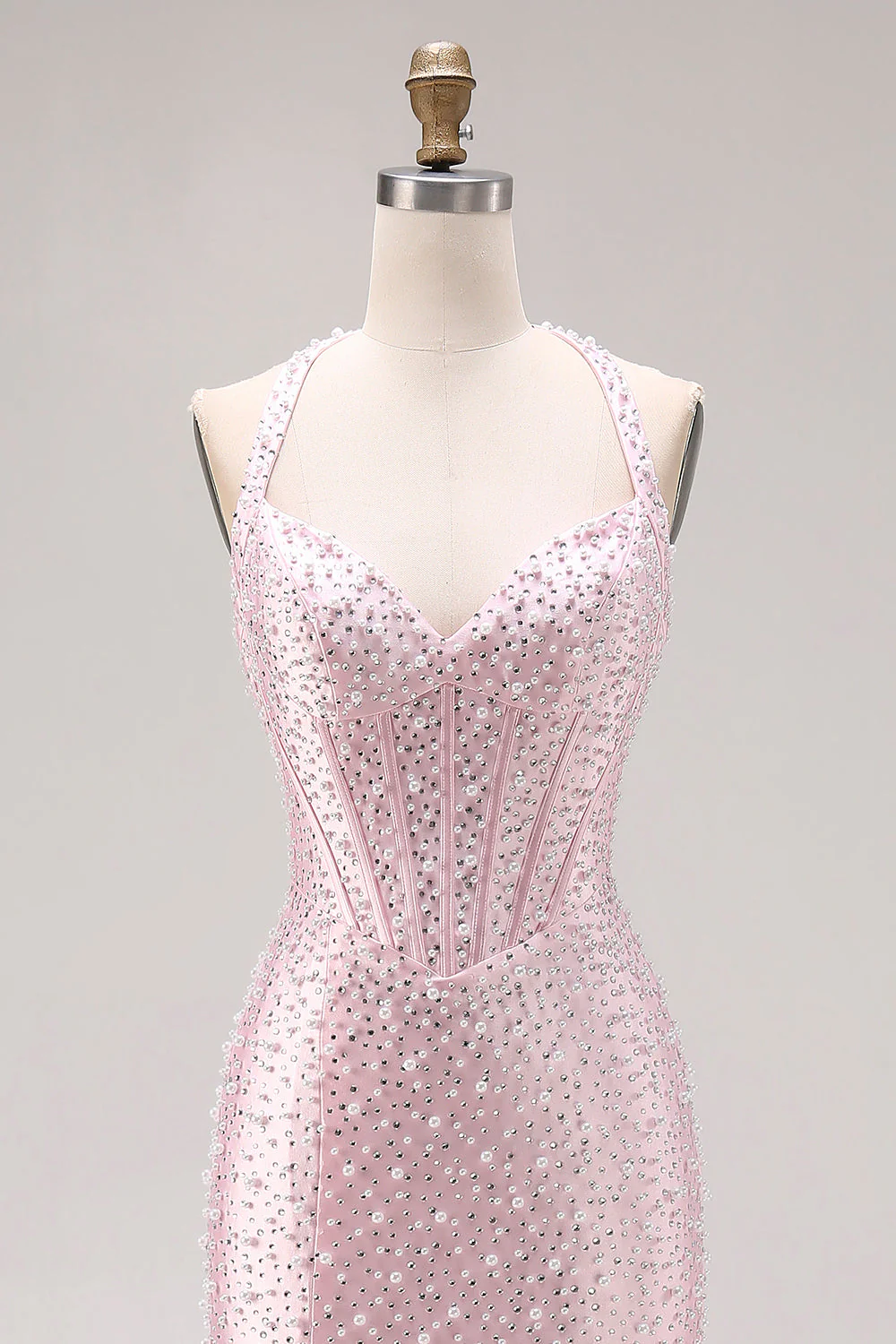 Longue robe de bal de bal avec perles en perles de sirène rose clair - Image 4