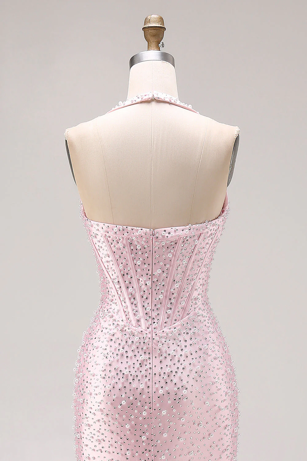 Longue robe de bal de bal avec perles en perles de sirène rose clair - Image 5