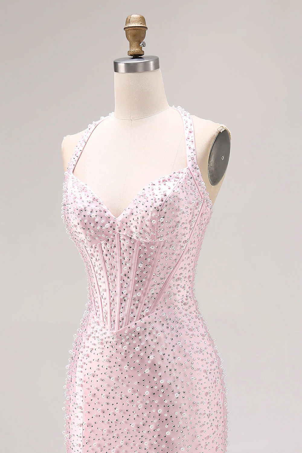 Longue robe de bal de bal avec perles en perles de sirène rose clair - Image 6