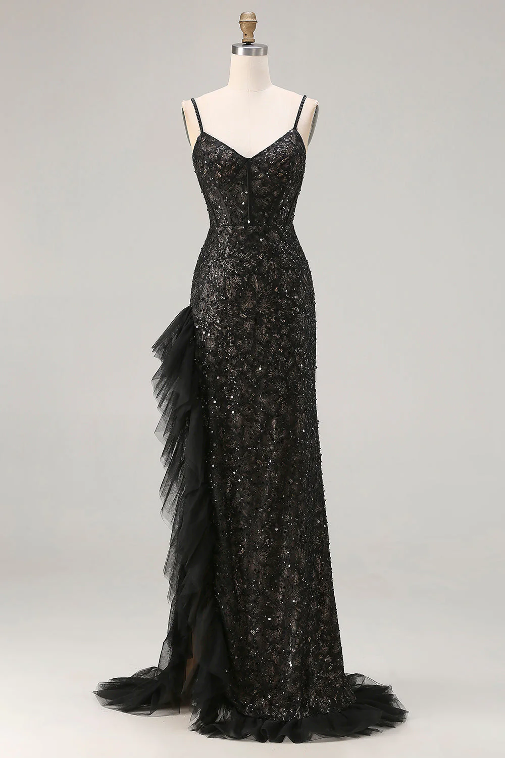 Robe de soirée longue noire corset à paillettes scintillantes perles avec fente à volants - Image 3