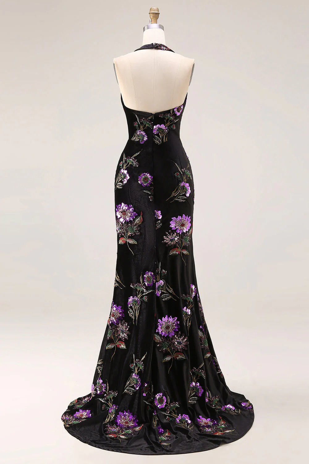 Longue robe de bal de bal en velours noir Sirène brodée à sequins, longue robe de bal avec fente - Image 2