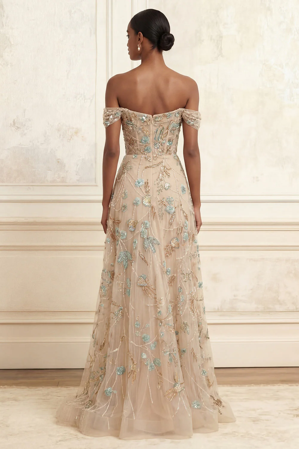 Longue robe de bal de promo à corset champagne à épaules dénudées, appliquée - Image 2