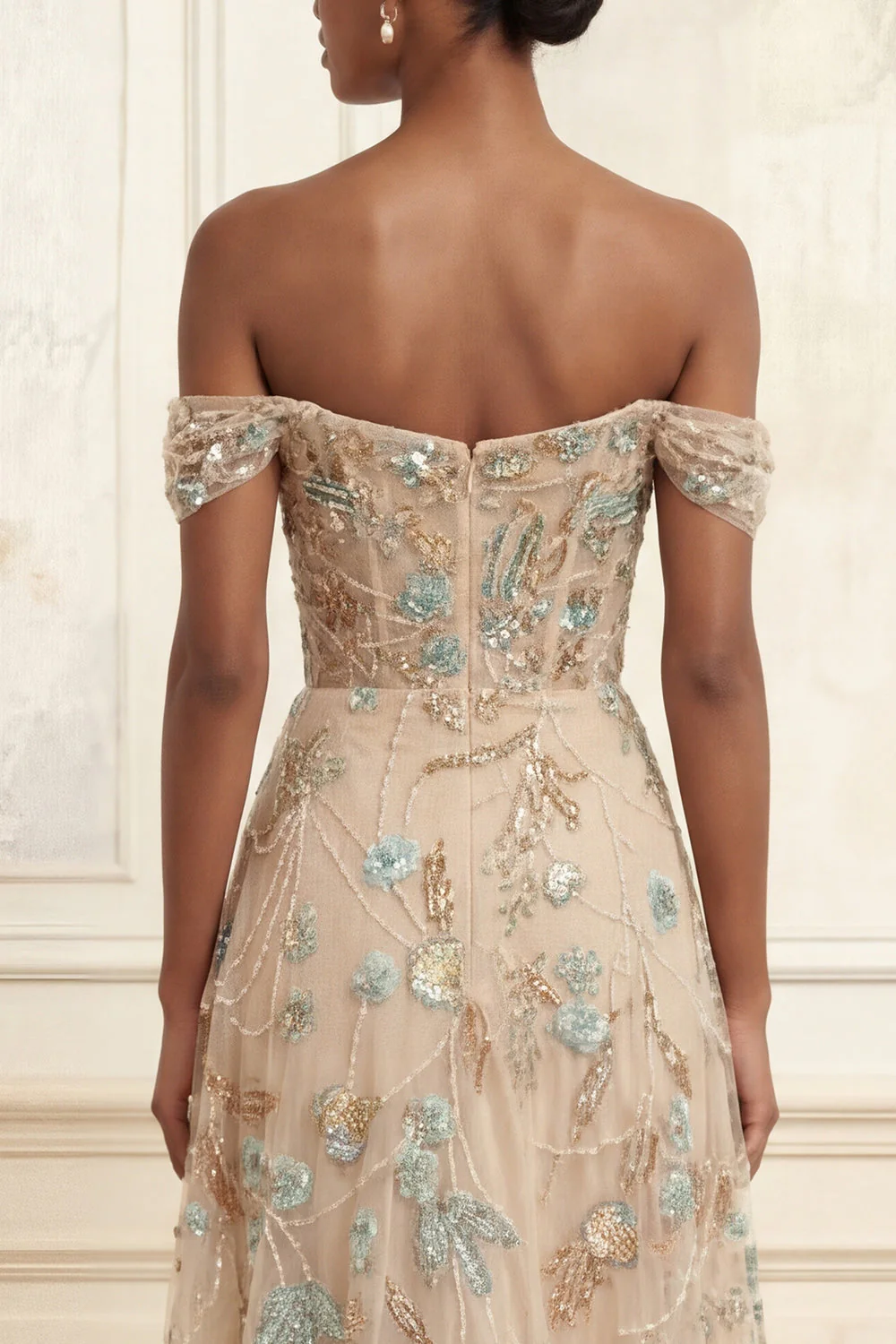 Longue robe de bal de promo à corset champagne à épaules dénudées, appliquée - Image 4