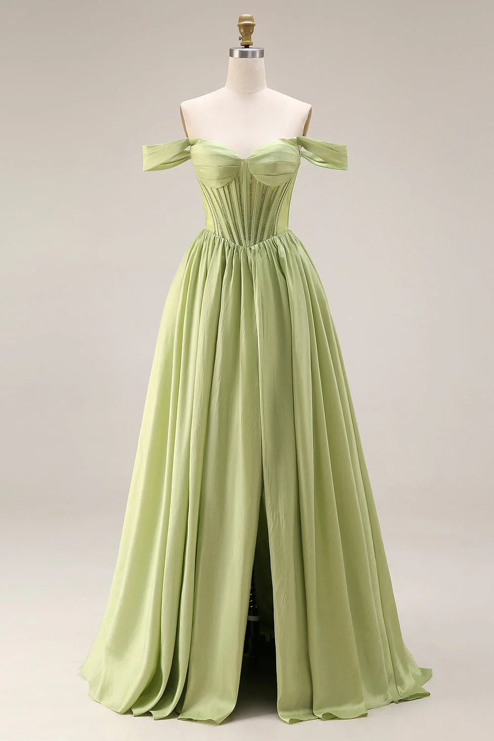 Longue robe de bal verte ligne A décollée sur les épaules Corset transparent perlée avec fente
