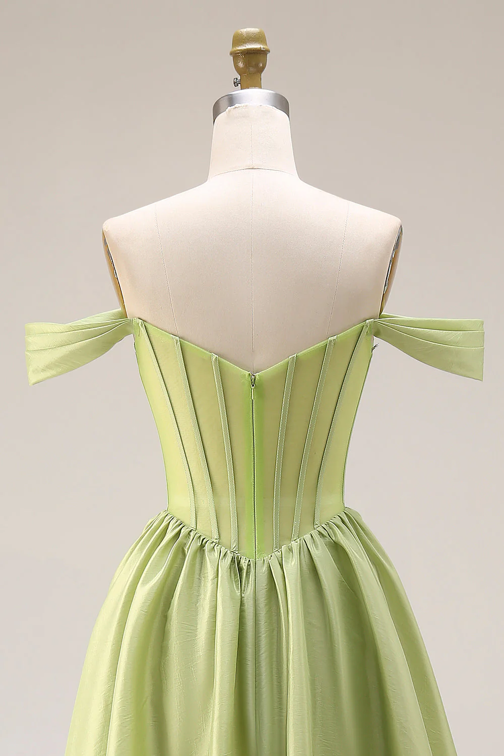 Longue robe de bal verte ligne A décollée sur les épaules Corset transparent perlée avec fente - Image 5