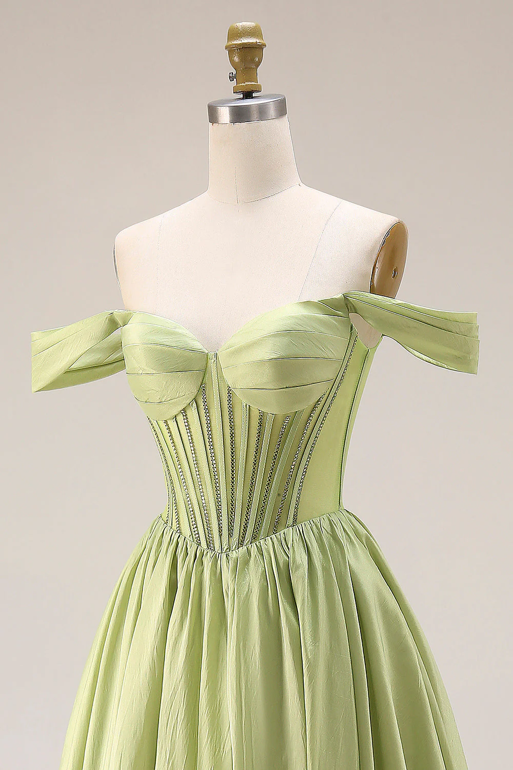 Longue robe de bal verte ligne A décollée sur les épaules Corset transparent perlée avec fente - Image 6