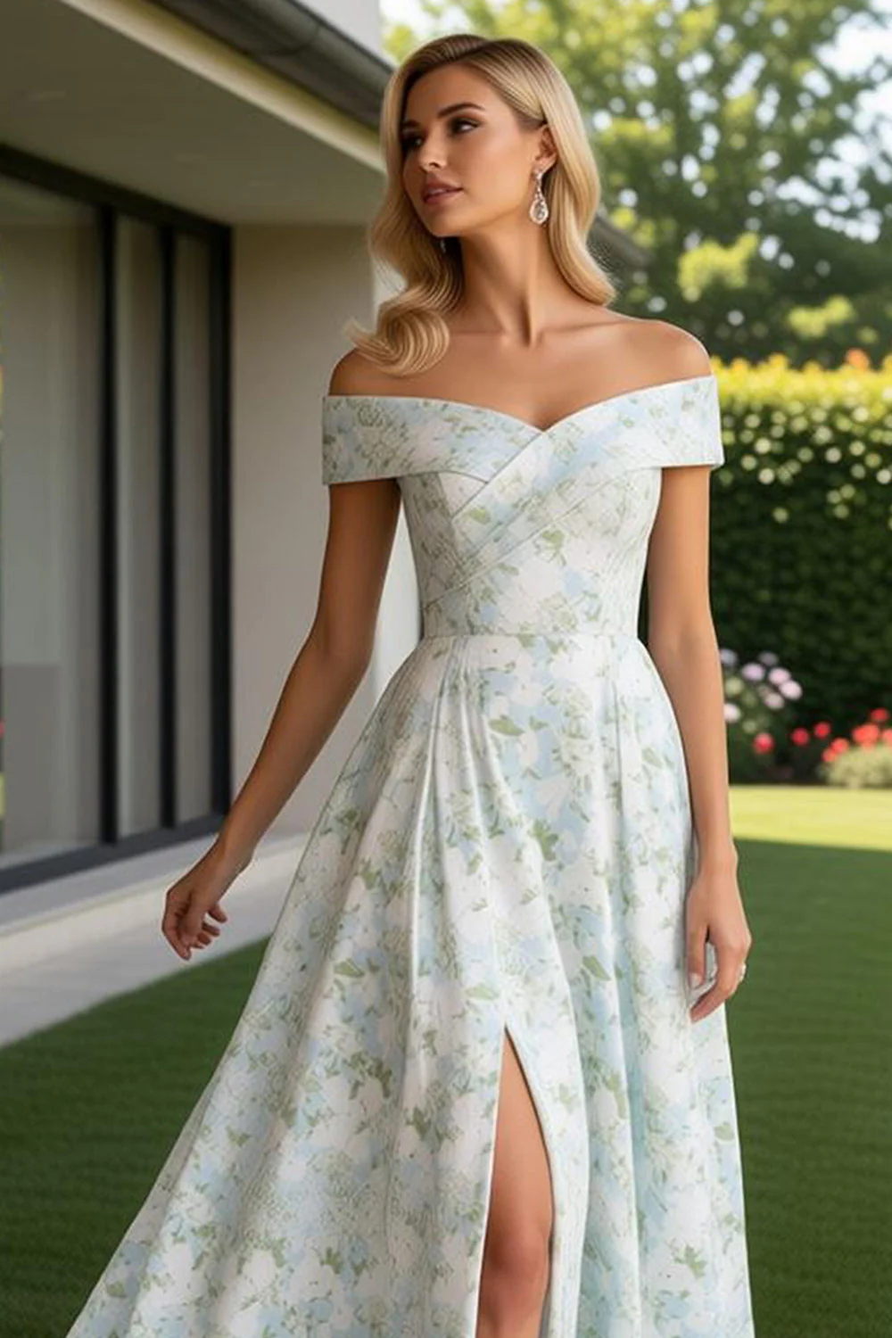 Longue robe de demoiselle d’honneur à motif fleur blanche bleu dénudé avec fente - Image 2