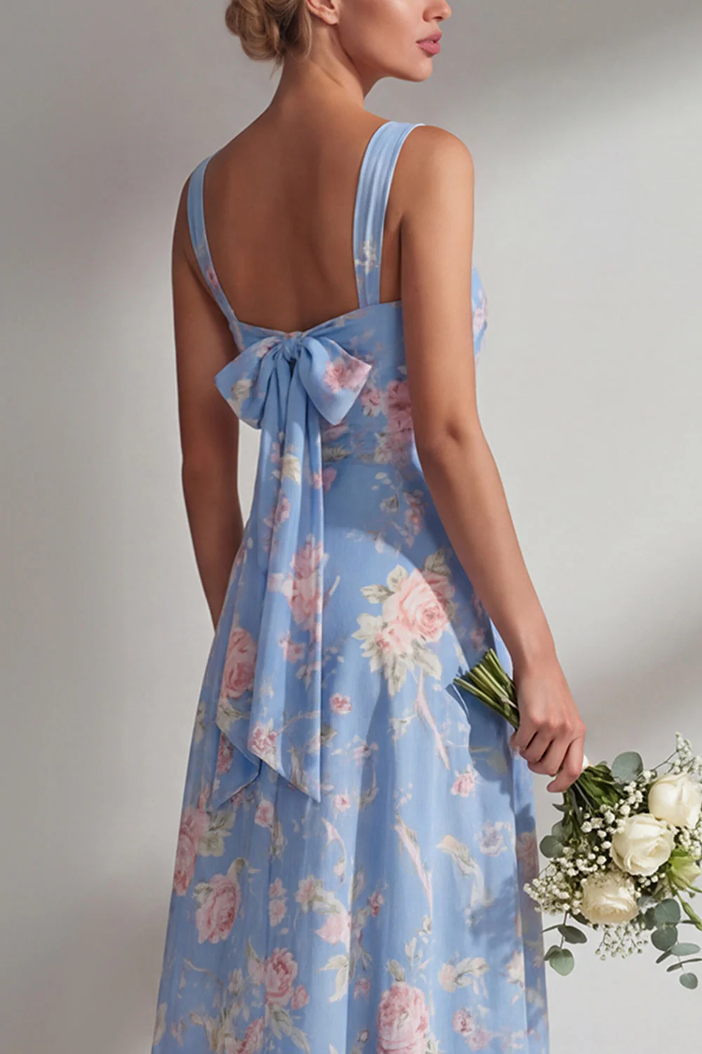 Longue robe de demoiselle d’honneur à motif motif d’une épaule et fleur rose en chiffon - Image 10