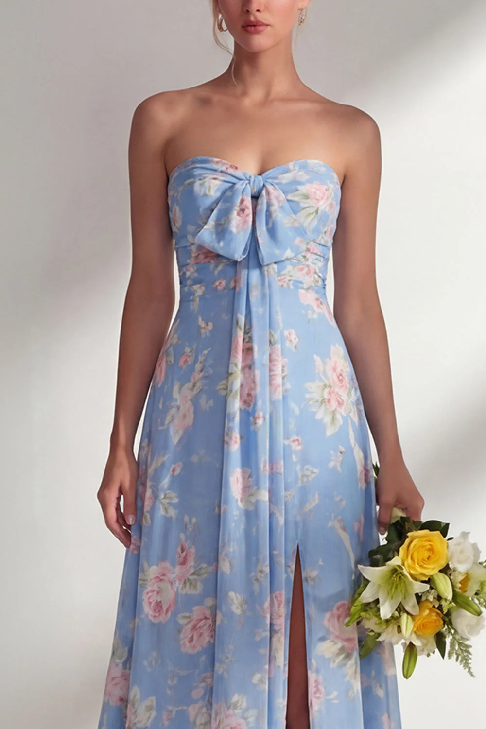 Longue robe de demoiselle d’honneur à motif motif d’une épaule et fleur rose en chiffon - Image 11