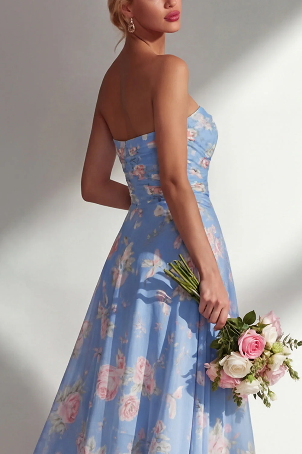 Longue robe de demoiselle d’honneur à motif motif d’une épaule et fleur rose en chiffon - Image 12