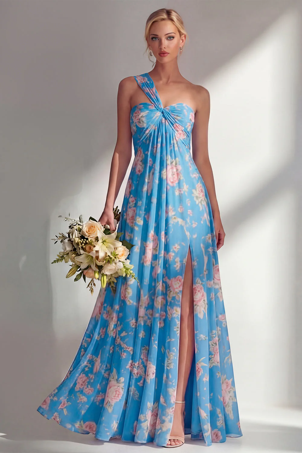 Longue robe de demoiselle d’honneur à motif motif d’une épaule et fleur rose en chiffon - Image 13