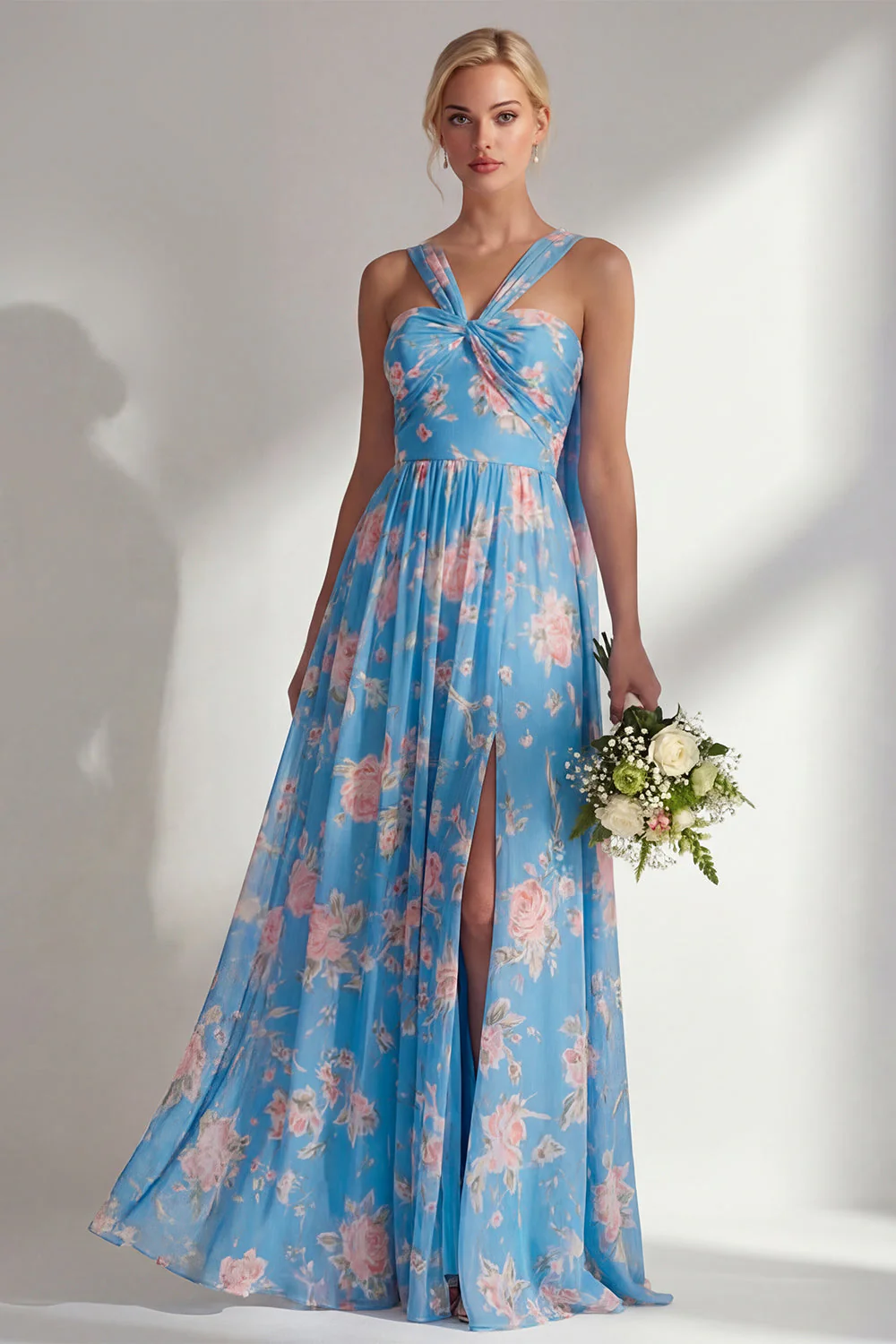Longue robe de demoiselle d’honneur à motif motif d’une épaule et fleur rose en chiffon - Image 15