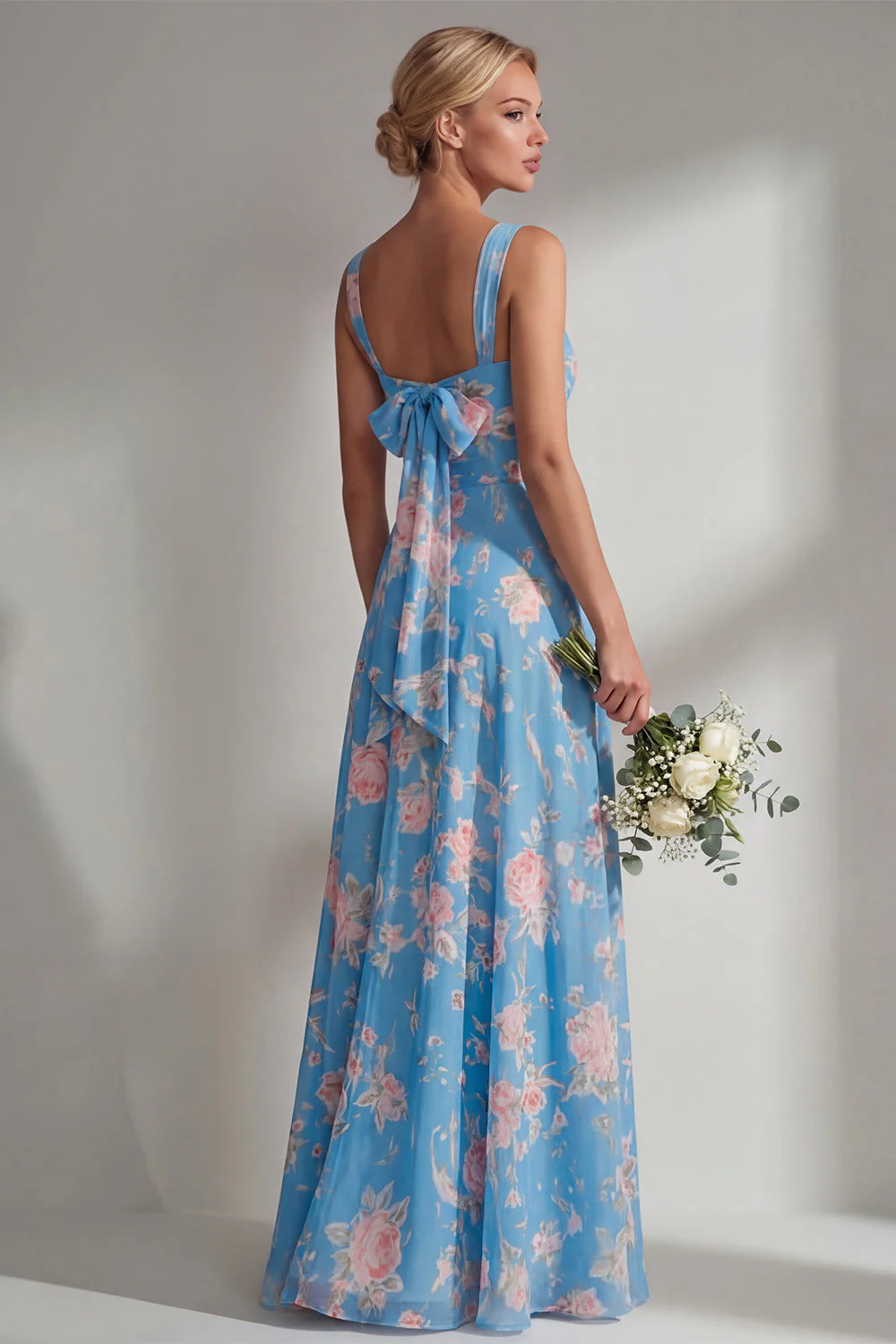 Longue robe de demoiselle d’honneur à motif motif d’une épaule et fleur rose en chiffon - Image 16