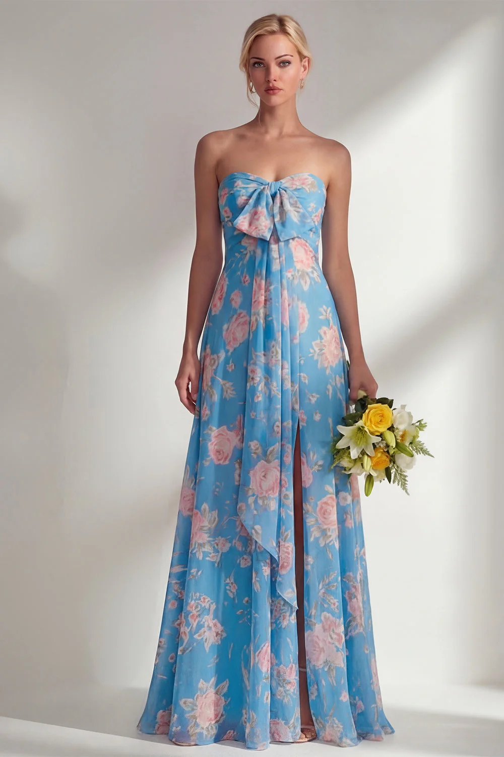 Longue robe de demoiselle d’honneur à motif motif d’une épaule et fleur rose en chiffon - Image 18