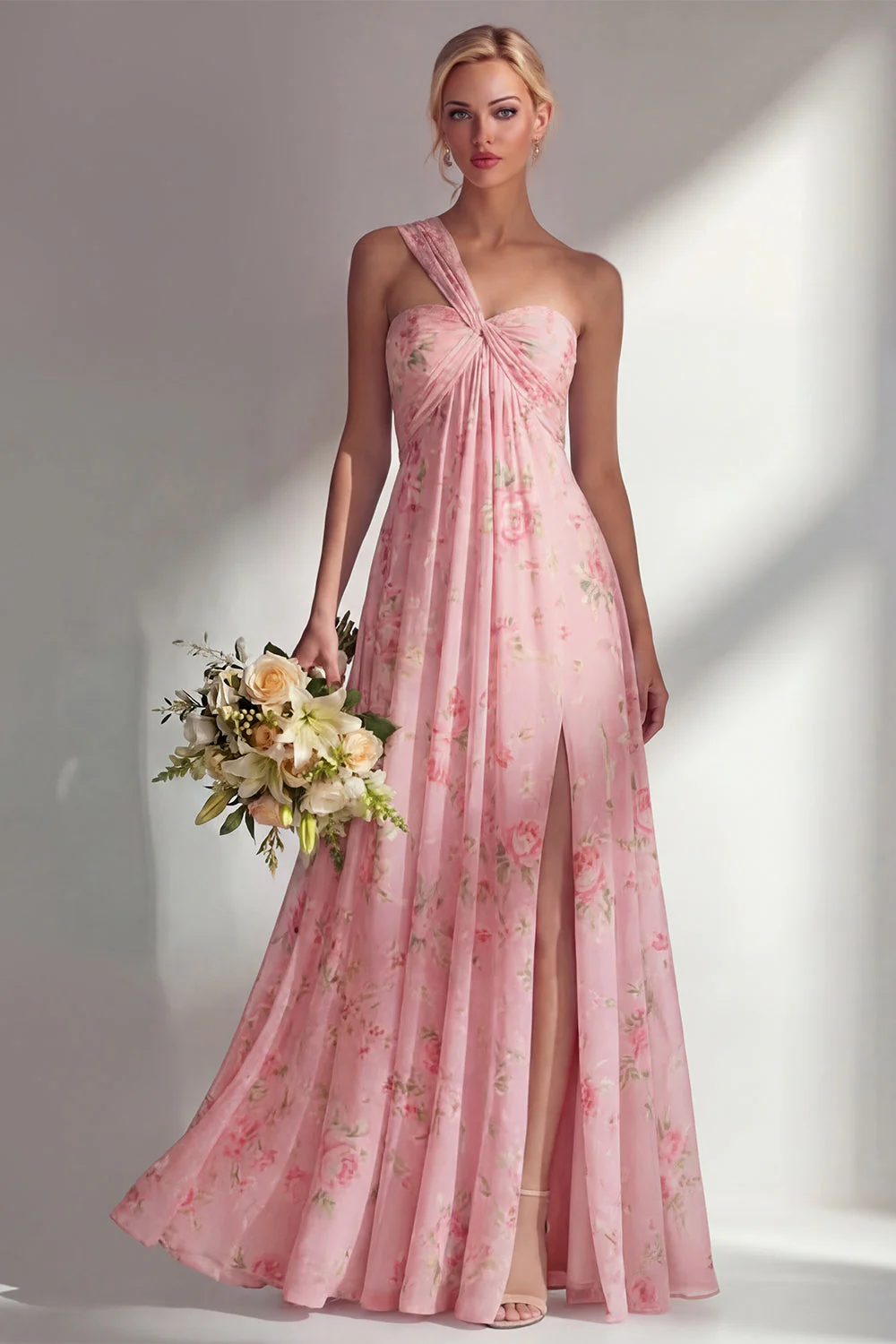 Longue robe de demoiselle d’honneur à motif motif d’une épaule et fleur rose en chiffon - Image 19