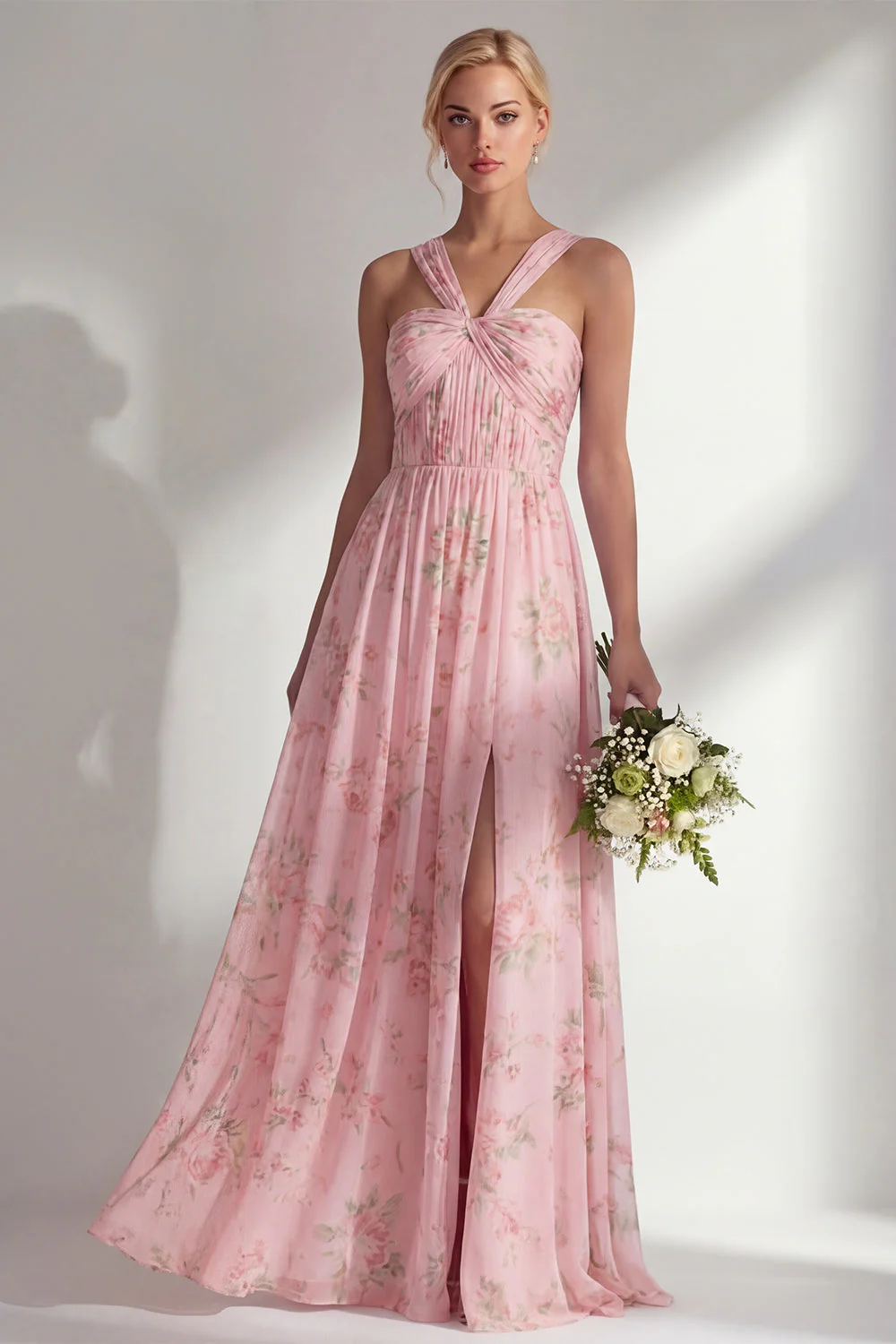 Longue robe de demoiselle d’honneur à motif motif d’une épaule et fleur rose en chiffon - Image 21