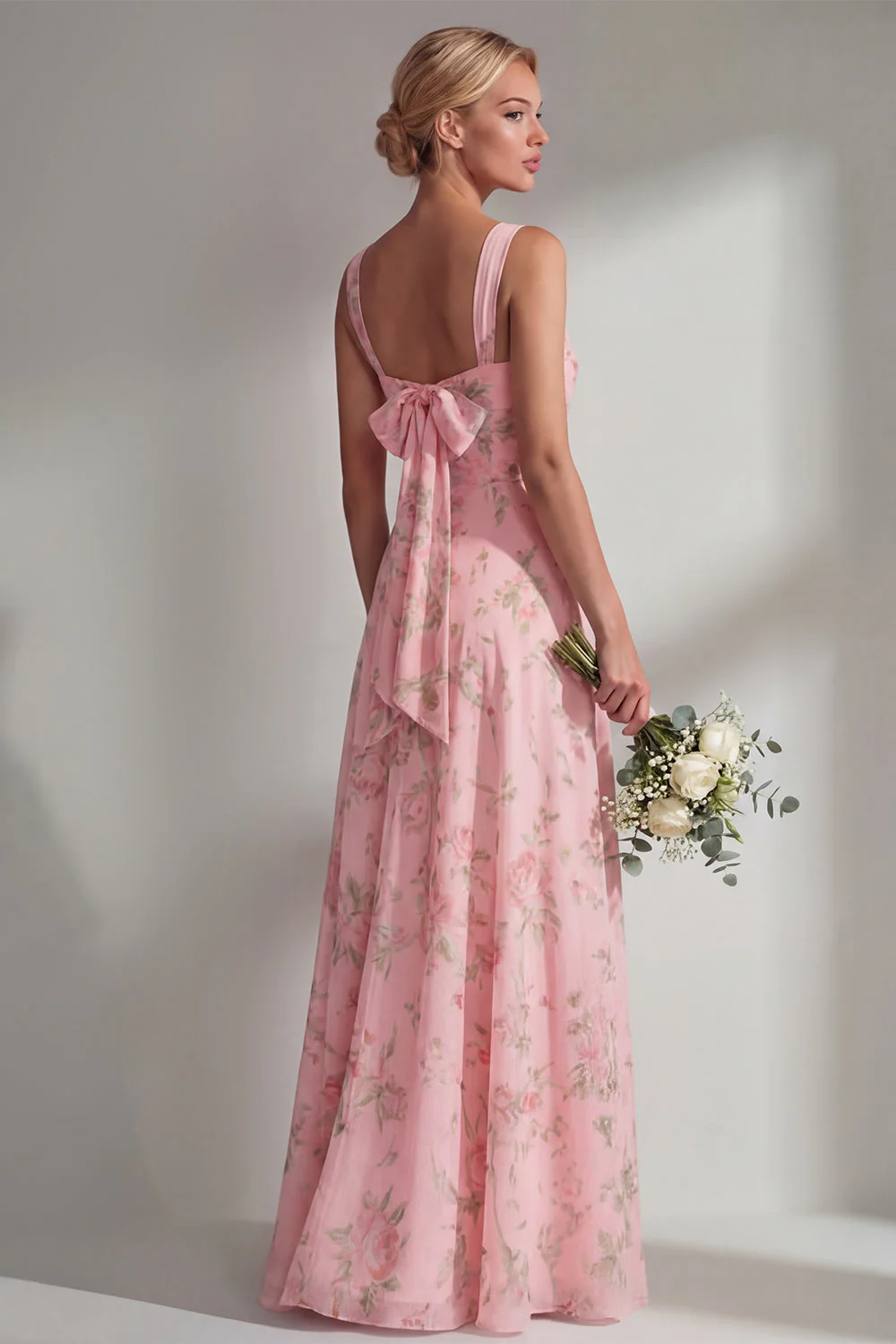 Longue robe de demoiselle d’honneur à motif motif d’une épaule et fleur rose en chiffon - Image 22