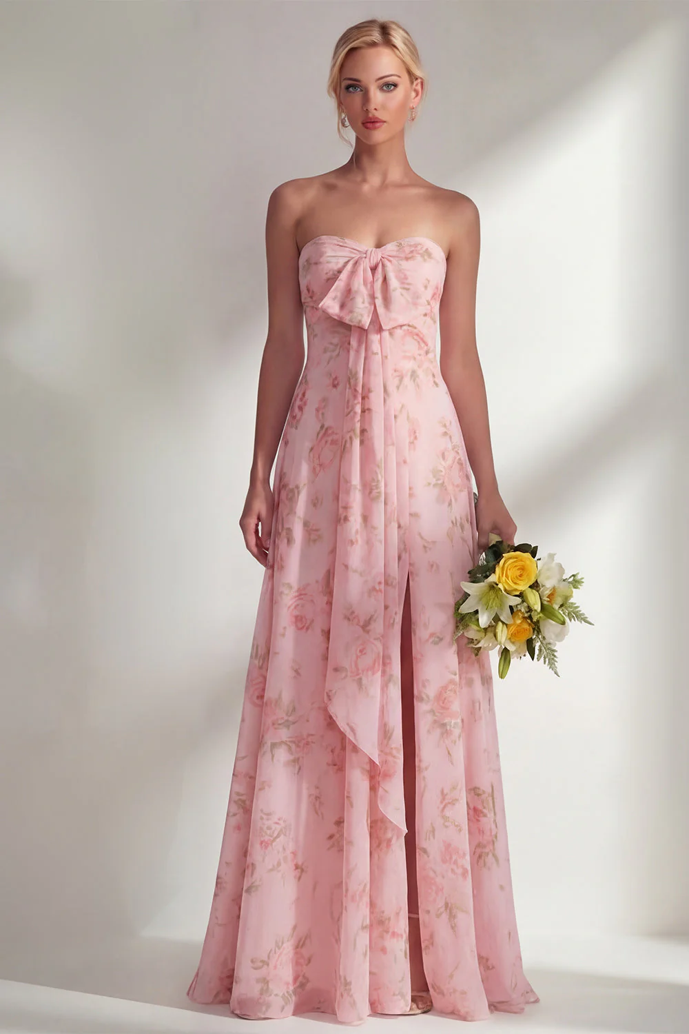 Longue robe de demoiselle d’honneur à motif motif d’une épaule et fleur rose en chiffon - Image 23
