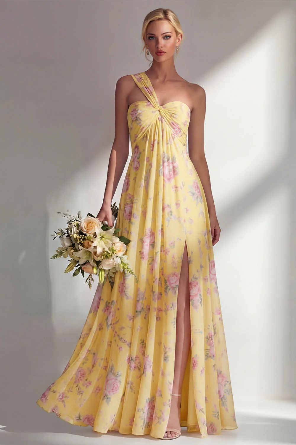 Longue robe de demoiselle d’honneur à motif motif d’une épaule et fleur rose en chiffon - Image 25