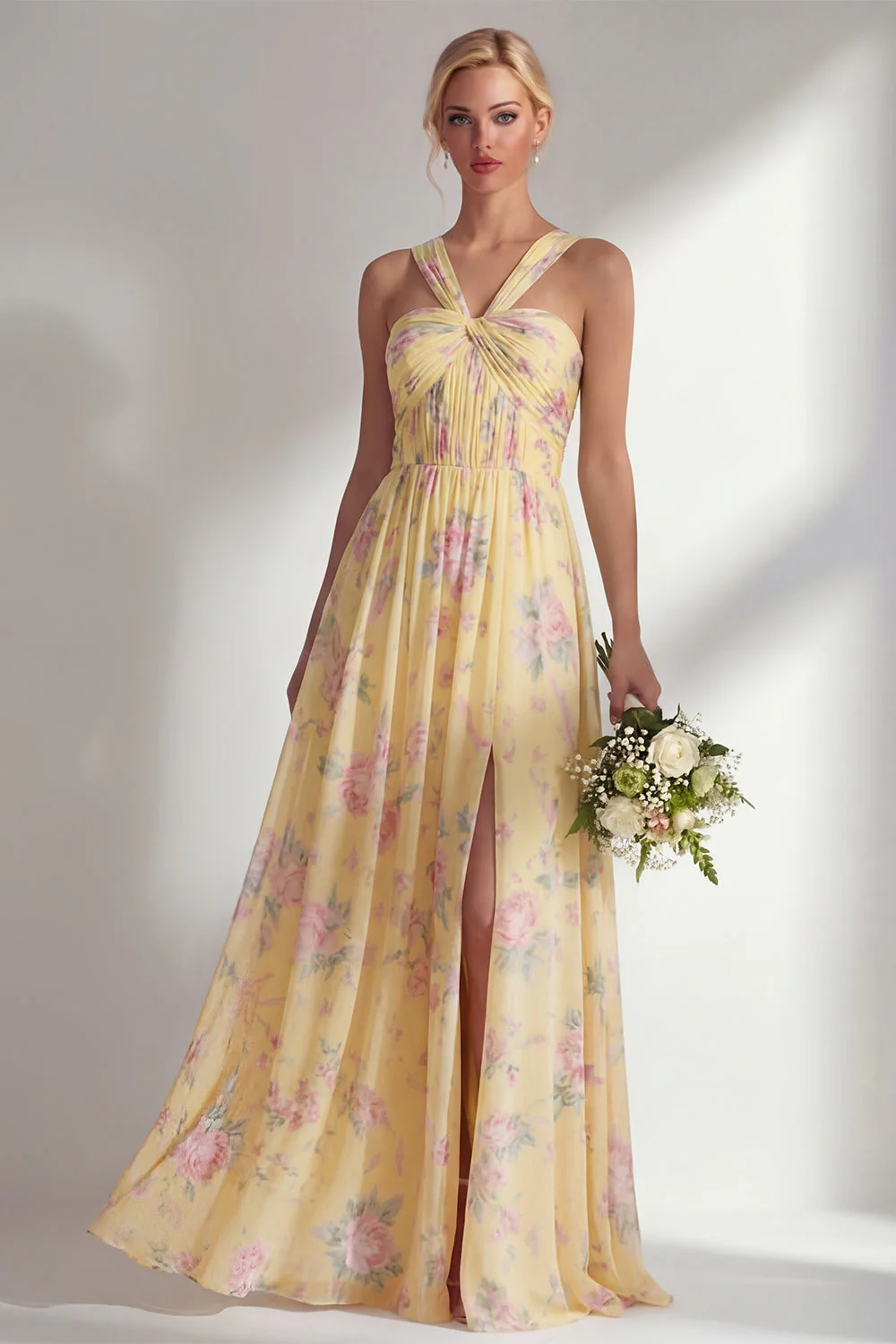Longue robe de demoiselle d’honneur à motif motif d’une épaule et fleur rose en chiffon - Image 27