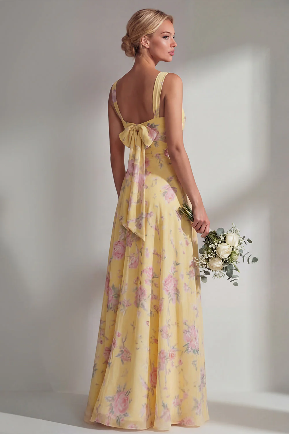 Longue robe de demoiselle d’honneur à motif motif d’une épaule et fleur rose en chiffon - Image 28