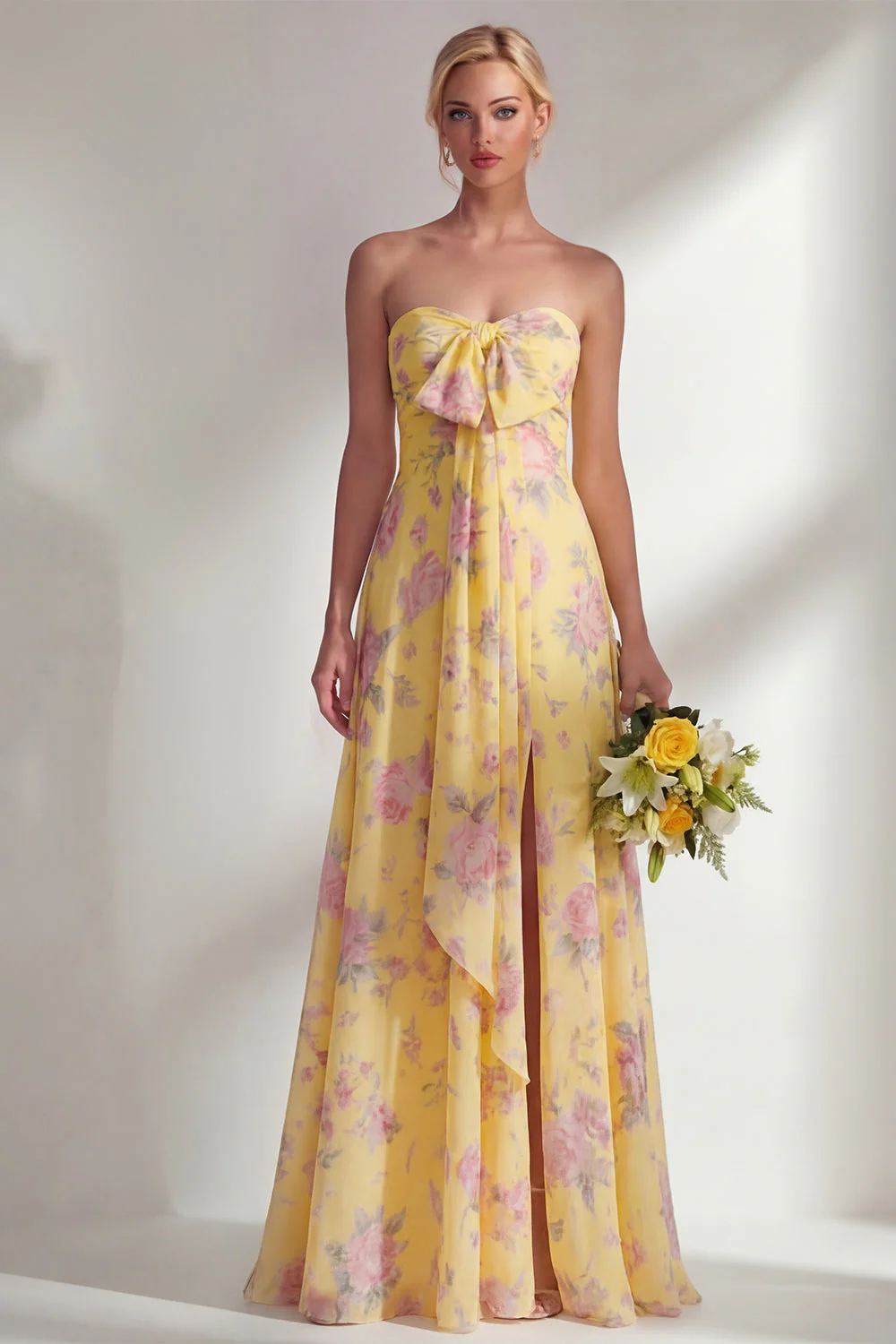 Longue robe de demoiselle d’honneur à motif motif d’une épaule et fleur rose en chiffon - Image 29