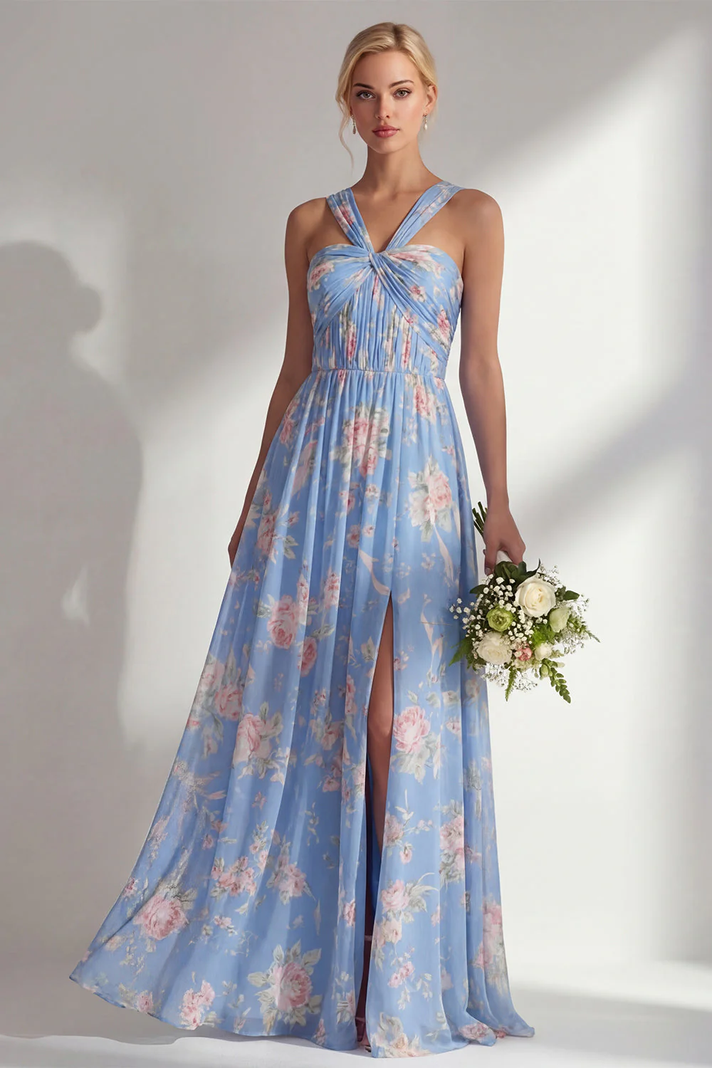 Longue robe de demoiselle d’honneur à motif motif d’une épaule et fleur rose en chiffon - Image 3
