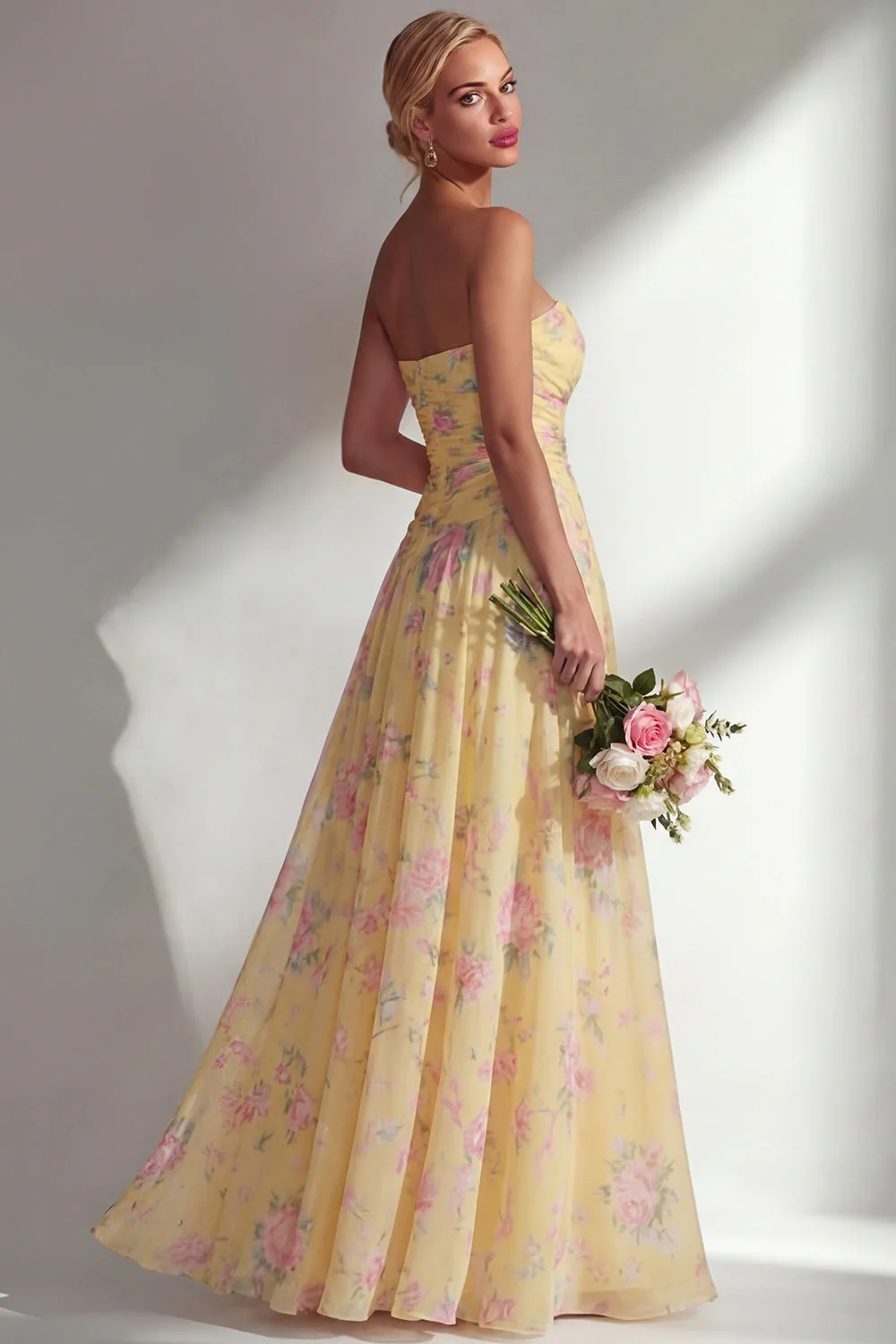 Longue robe de demoiselle d’honneur à motif motif d’une épaule et fleur rose en chiffon - Image 30
